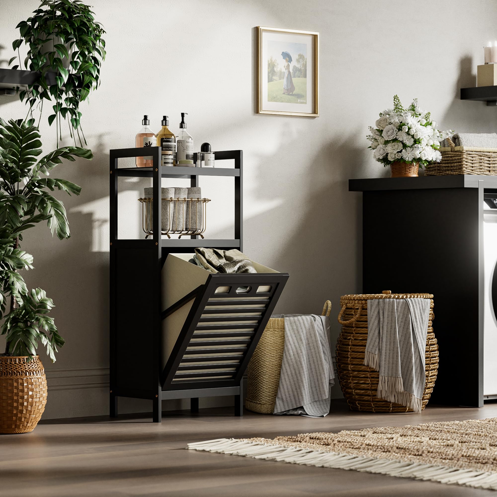 HITNET ‌Badschrank mit Wäschekorb, Wäscheschrank, Bambus Badezimmerschrank mit Wäschesammler und 2 Offene Regale, 40L Herausnehmbare Innentaschen mit Griffen für Badezimmer Schlafzimmer, Schwarz