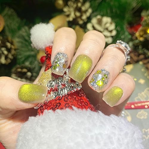 Uñas a presión tipo ojo de gato, miel, cuadrado corto, amarillo, reutilizable, Navidad, uso diario en la oficina, kit de uñas de gel de ojo de gato