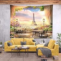 Vista 3 de BELECO Tapiz de París para colgar en la pared, romántico tapiz de jardín de la torre Eiffel, 60 x 40 pulgadas, cafetería, terraza, flores, mesas