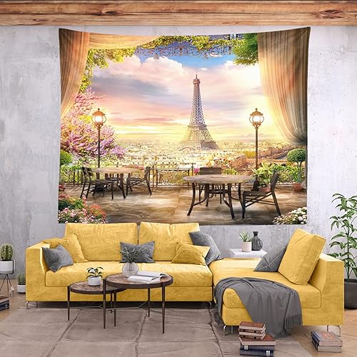 Miniatura 3 de BELECO Tapiz de París para colgar en la pared, romántico tapiz de jardín de Torre Eiffel de 106 x 70 pulgadas, para cafetería, terraza, flores,