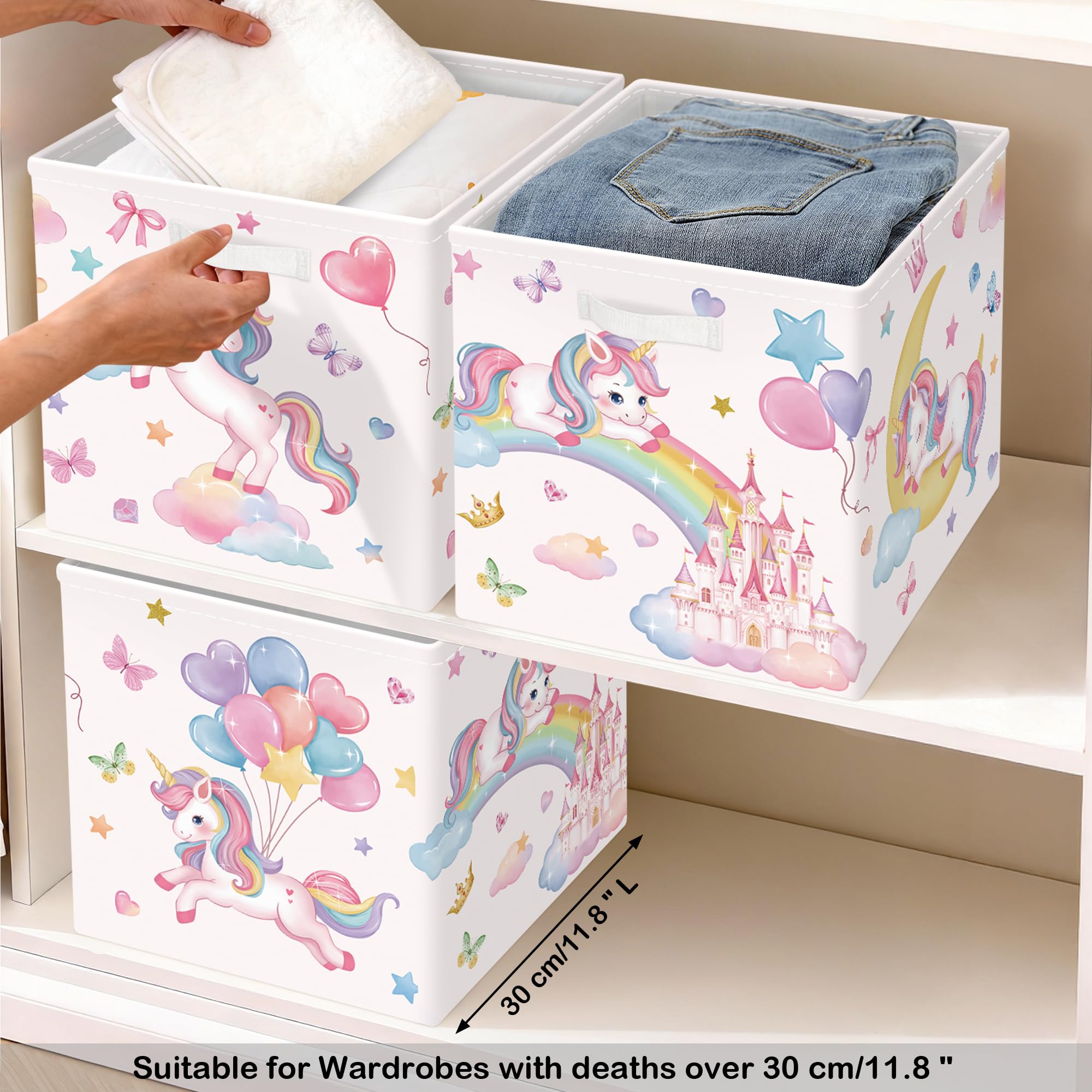 30cm Set di 3 Scatole Portaoggetti Arcobaleno Unicorno Contenitore Porta Giochi Ragazza Pieghevole Palloncini Rosa Cubi Portaoggetti per Libreria Kallax Salotto, Corona Castello
