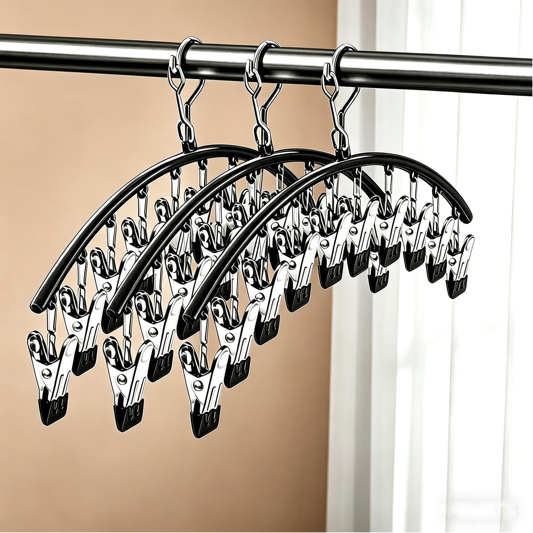Niulab 3Pack Sock Dryer,Clothes Drying Hanger with Clips Sock Peg Hanger for Washing Line, Drip Airer Hanging Sock Rack for Socks, Underwear, Bras, Baby Clothes,Legging Organizer (Black)