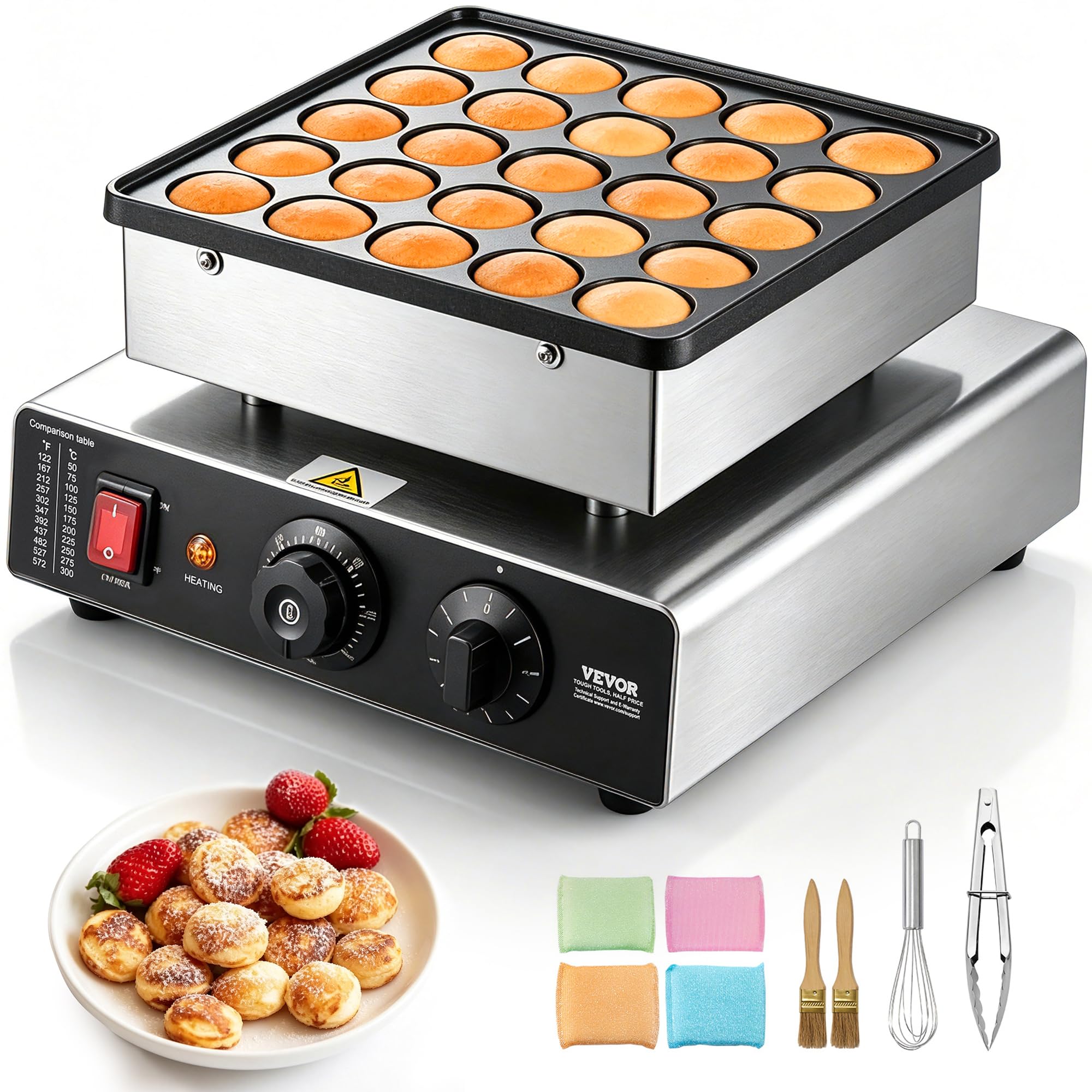 VEVOR Mini Pancake Maker, 25PCS 43mm Diameter Dutch Muffin Waffle Baker, Non-stick Stainless Steel Poffertjes Grill, Commercial Electric Dorayaki Machine, Temp &amp; Time Control, Home Kitchen Restaurant