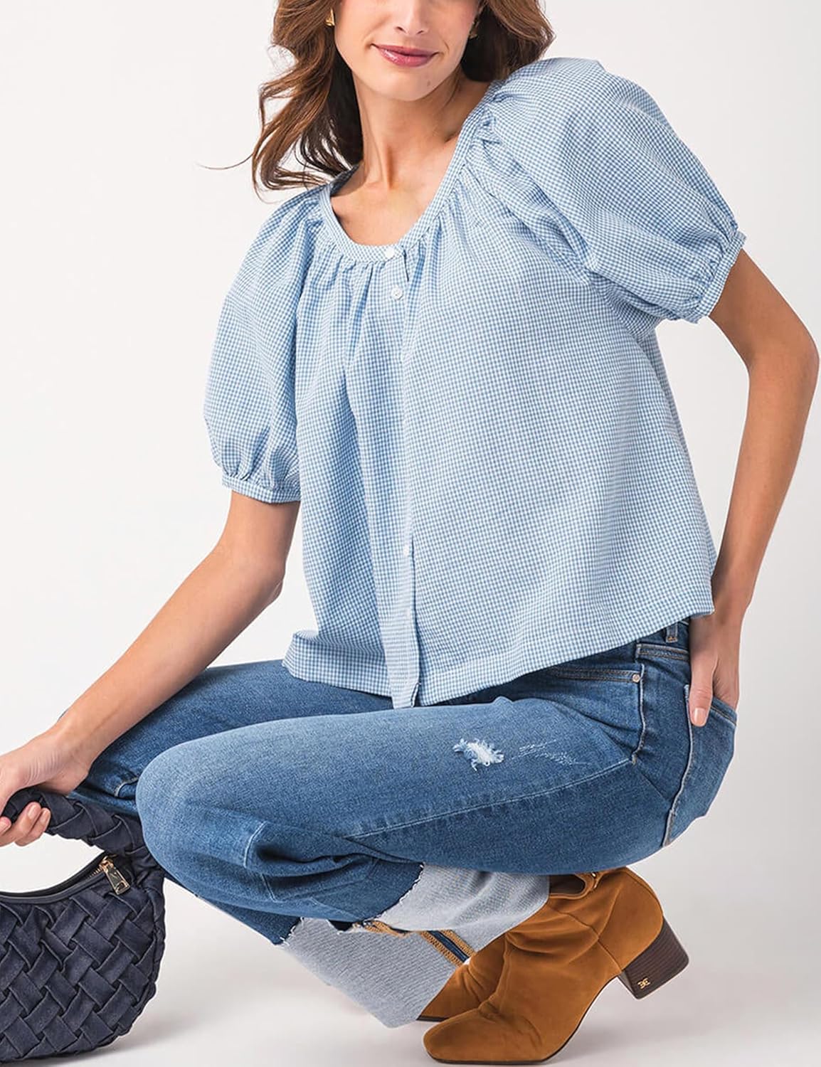 Tanming Womens Summer Plaid Button Down Shirts Short Puff Sleeve Cotton Crew Neck Gingham Blouses Tops - Image 2