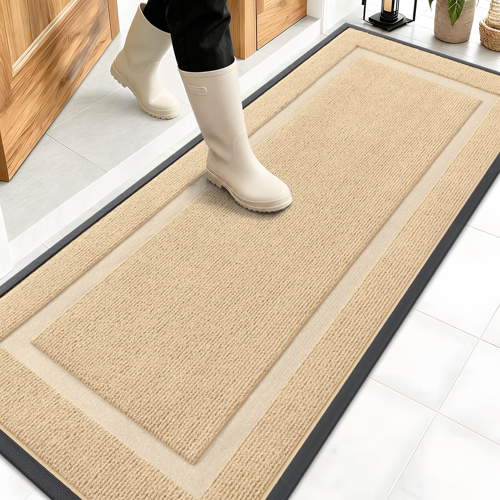 OLANLY Front Door Mat Outside 59x20, All-Season Heavy-Duty Rubber Doormat | Beige, Absorbent, Stain and Fade Resistant, Waterproof Non-Slip Backing, Low-Profile Indoor Outdoor Floor Mat for Entryway