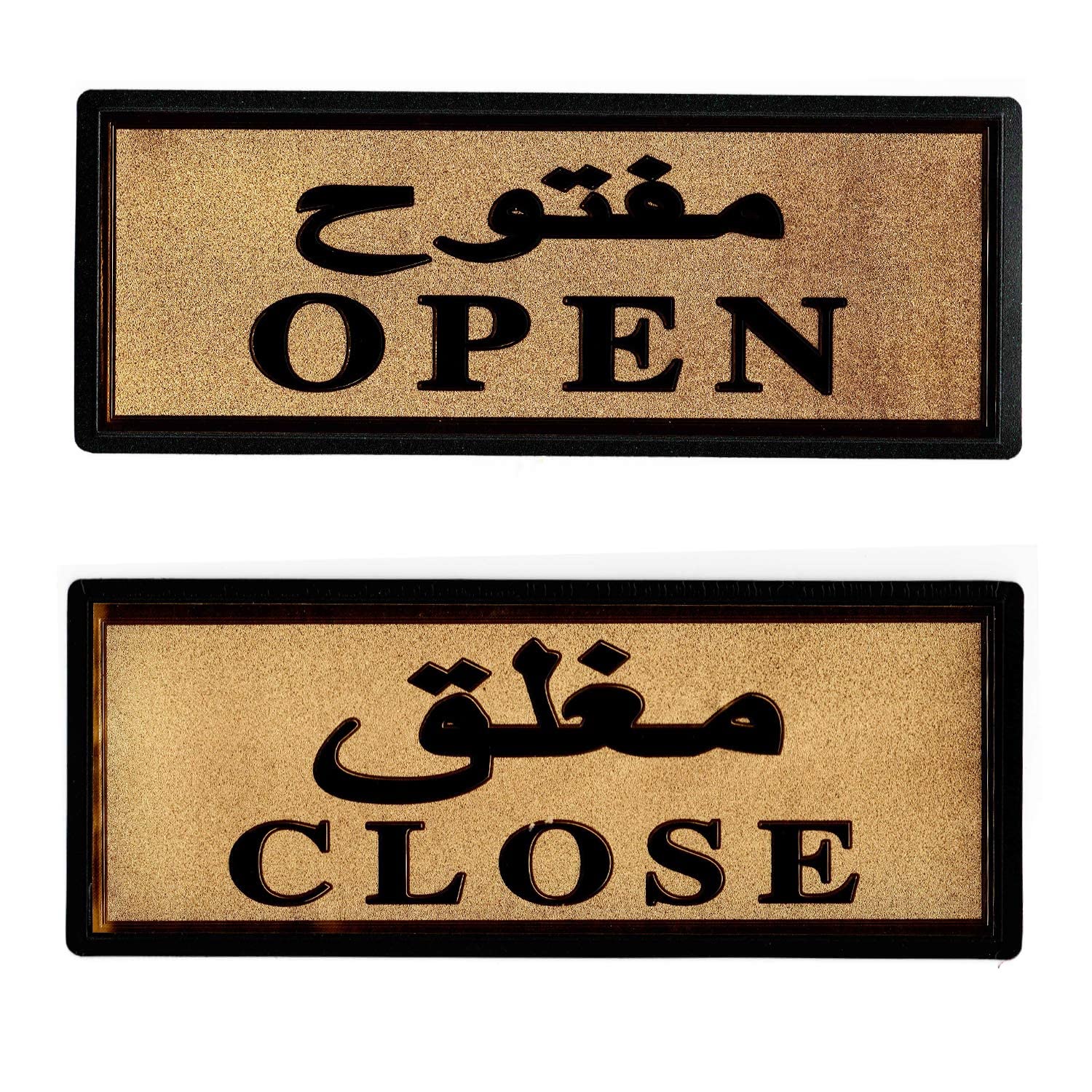 SOLDOUT™ English Arabic Open Closed Golden Colour Door Sticker Store Wall Decor Restrooms, Hotel, Shop, Pub Wall Sign Poster (11x28cm, 1 Pair)