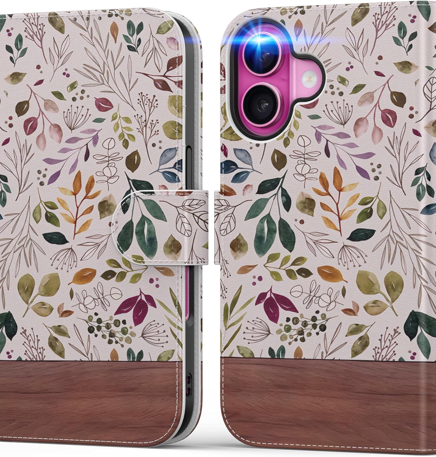 DEENAKIN for iPhone 16 Wallet Case with Card Holder + Cash Clip, RFID-Blocking, Military-Grade Drop Protection, Magnetic Closure with Leather Kickstand - Vibrant Foliage Vibrant Foliage iPhone 16