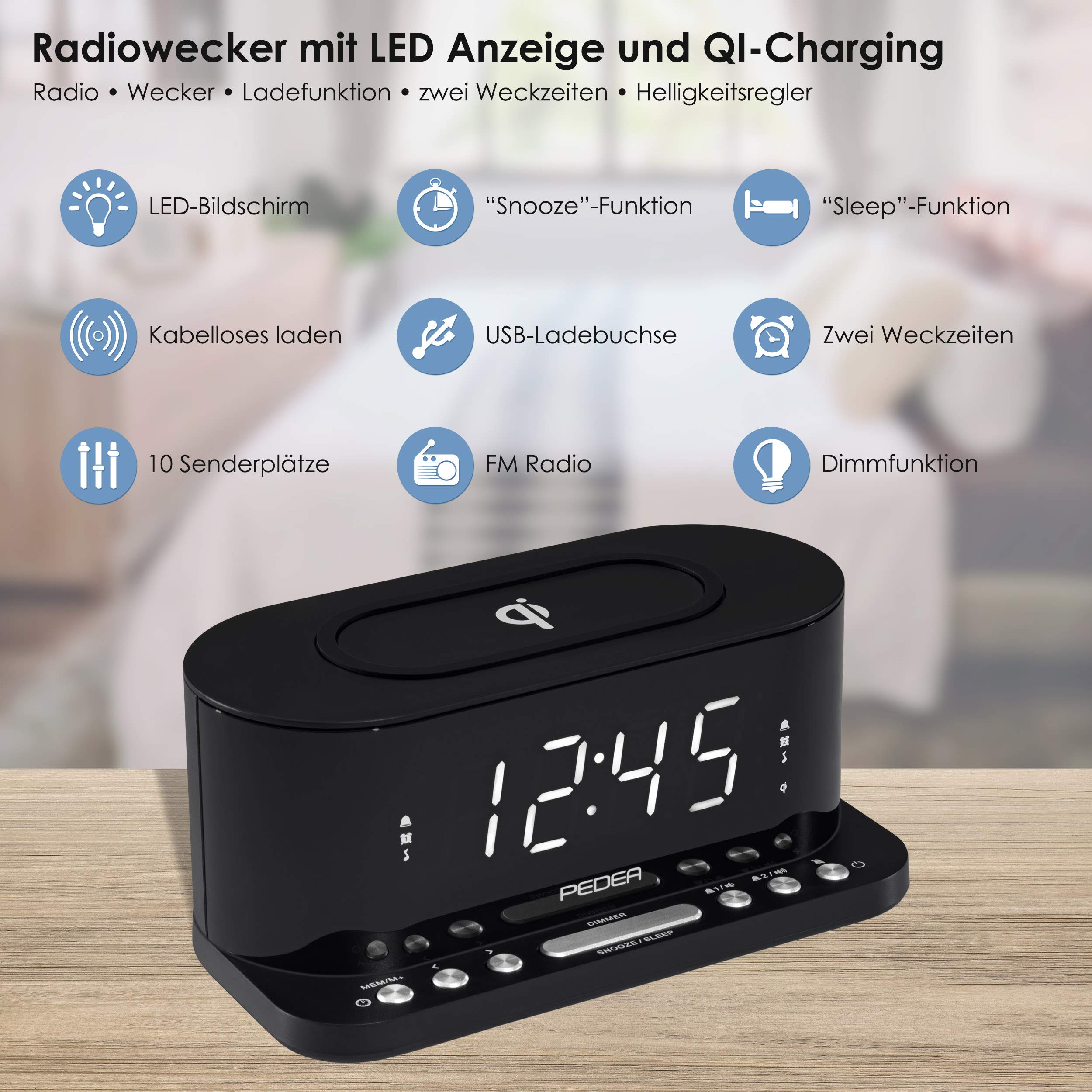 PEDEA FM Radiowecker mit induktiver QI-Ladefunktion und dimmbarem Display, Snooze, Dual Alarm und Sleep-Timer, schwarz