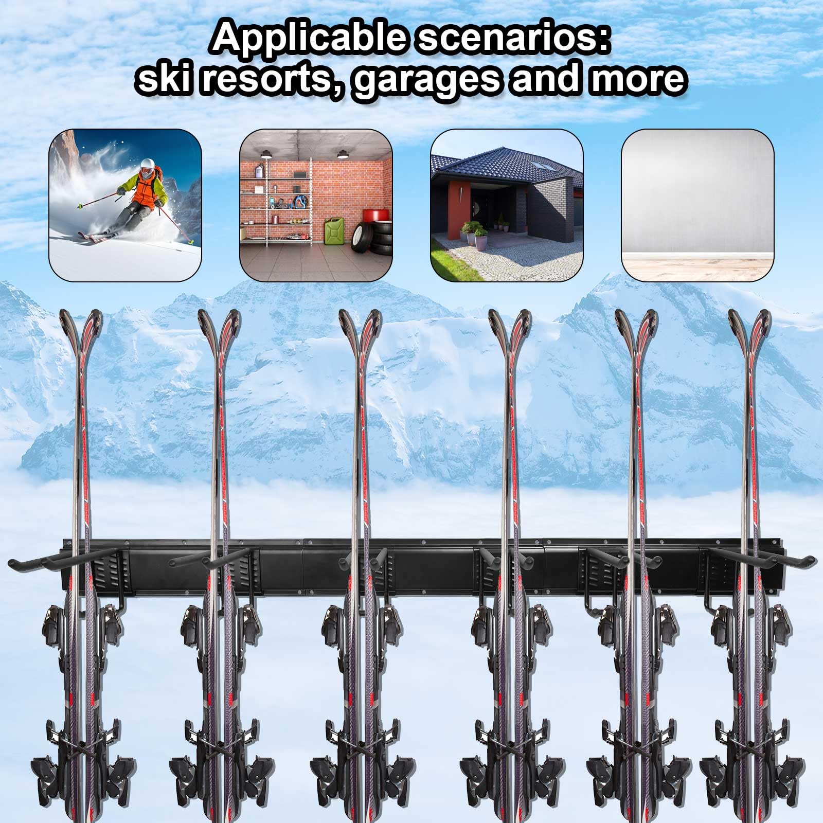 Zestawy do Montazu na Scianie Snowboardu, Uchwyt Scienny do Garazu Uchwyt na Snowboard 6 Haków do Przechowywania w Garazu i 3 Szyny Organizer Narzedzi do Garazu na Snowboard Narty Miotle