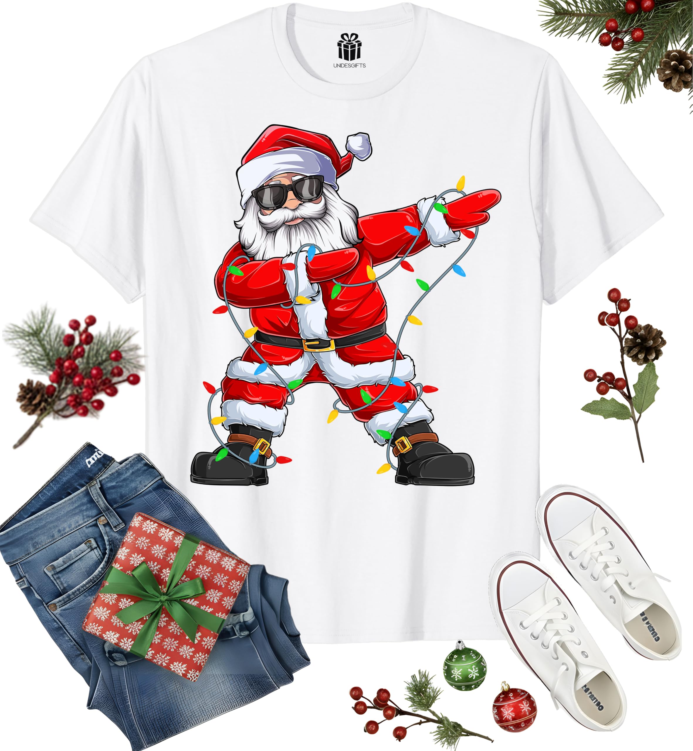 Dabbing Santa Christmas Red Lights T-Shirt for Men, Boys, Girls and Kids, Funny Dad Boyfriend Son