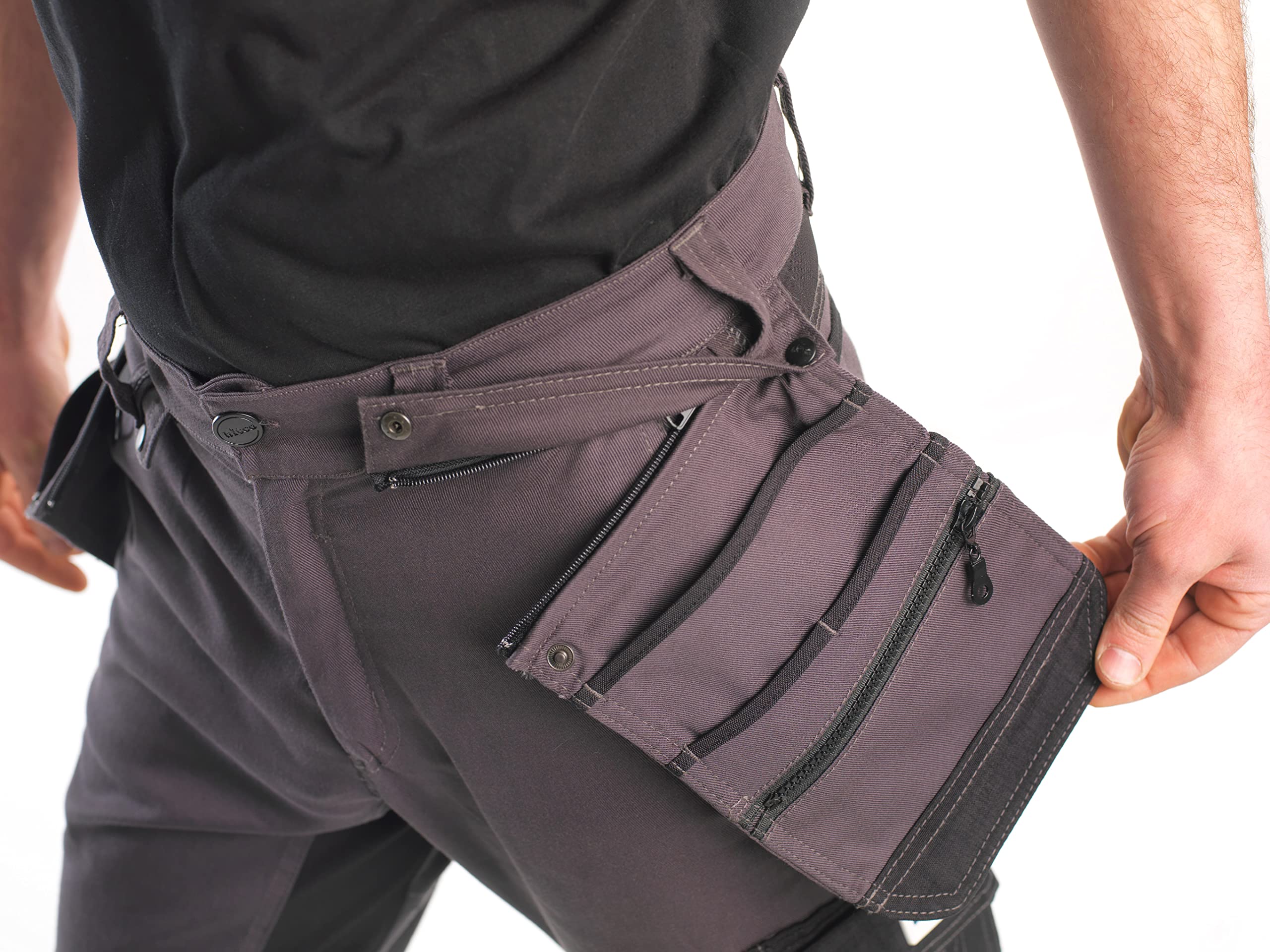 Bitco GARONE Pantalón de Trabajo Extensible para Rodilleras, Color Gris y Negro, Resistente al Agua y al Aceite, con Refuerzo de Cordura®, Bolsillos para Rodilleras, Bolsillos de Utilidad