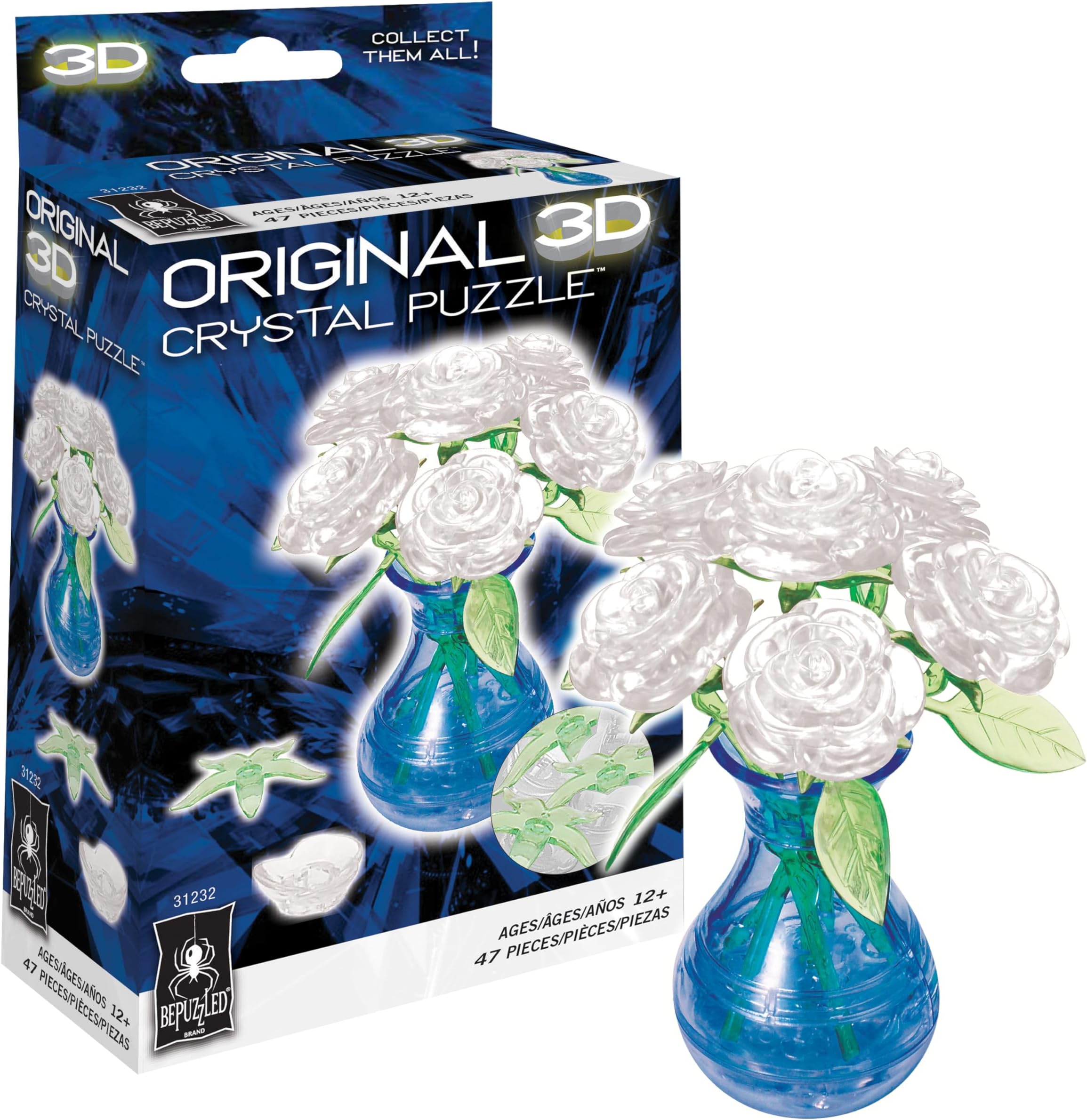 BePuzzled, Roses in Vase White, Original 3D Crystal Puzzle, Perfect for Puzzlers Ages 12 and Up, Challenging to Complete and Beautiful to Display, Collect Them All