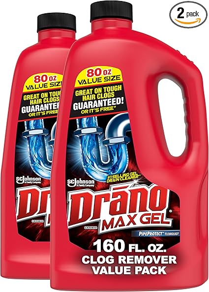 Drano Max Gel Drain Clog Remover and Cleaner for Shower or Sink Drains, Unclogs and Removes Hair, Soap Scum and Blockages, 80 Oz, Pack of 2 Drano Max Gel Drain Clog Remover and Cleaner for Shower or Sink Drains, Unclogs and Removes Hair, Soap Scum and Blockages, 80 Oz, Pack of 2
