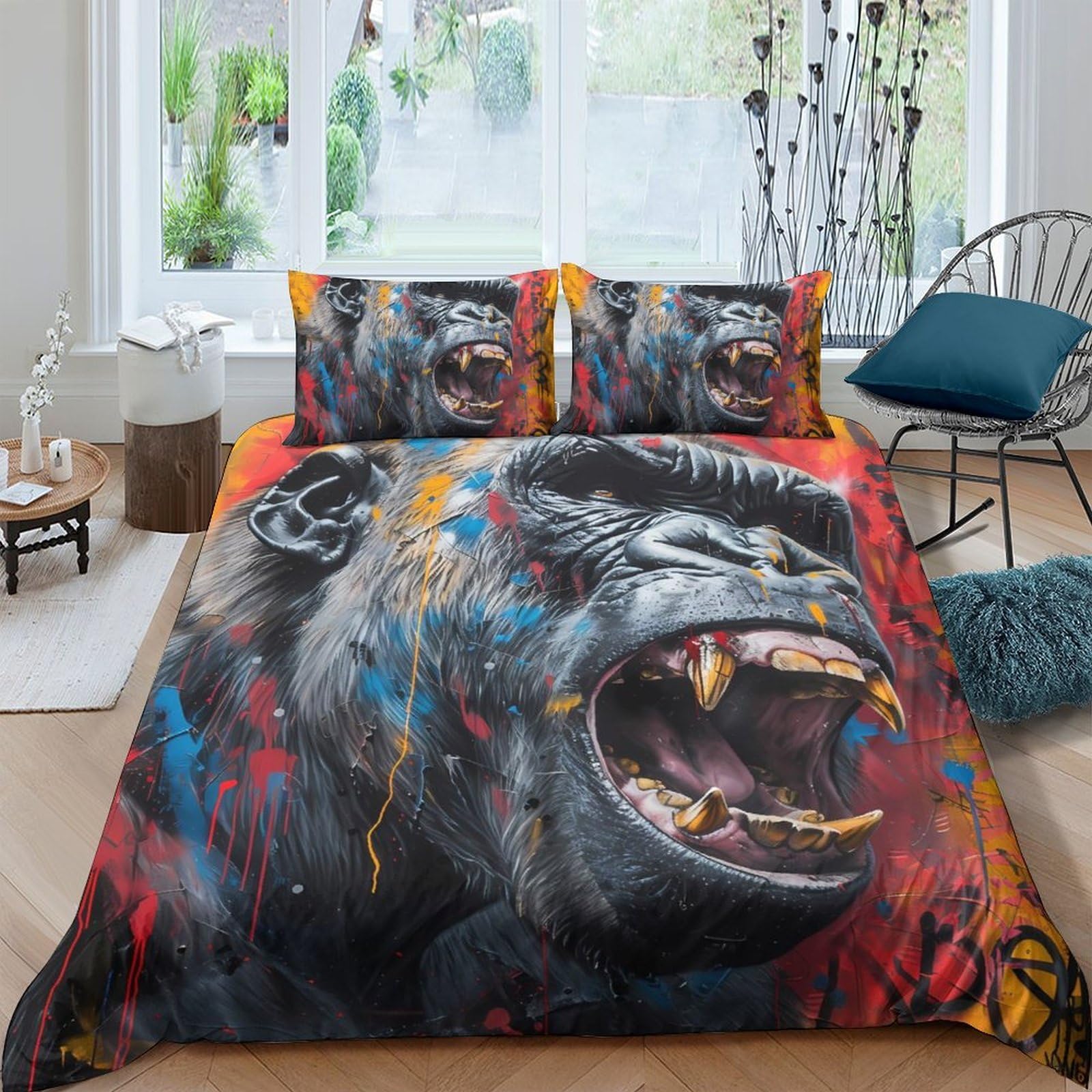 3D Printed Gorilla Art Duvet Cover Microfiber Soft Breathable Graffiti Animal Bedding Set with 2 Pillowcases for Bedroom Decor Single（135x200cm）