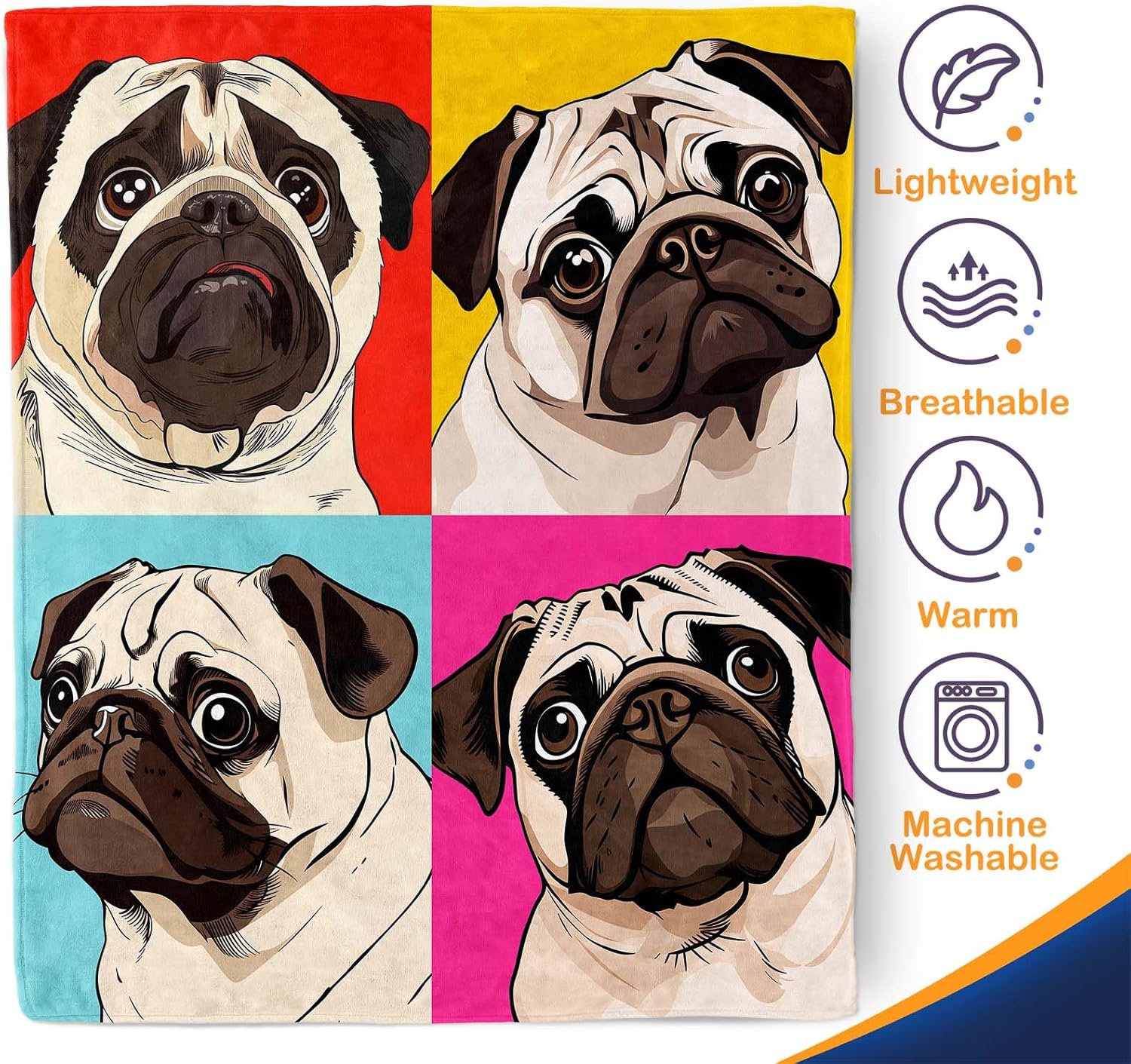 Pug Blanket Gifts for Kids Adults - Puppy Dog Animal Lovers Throw Soft Warm Lightweight Fleece Cozy Fuzzy Blankets for Boys Girls Women Cartoon Birthday Bedroom Living Room Bed Couch Decor 60"x80"