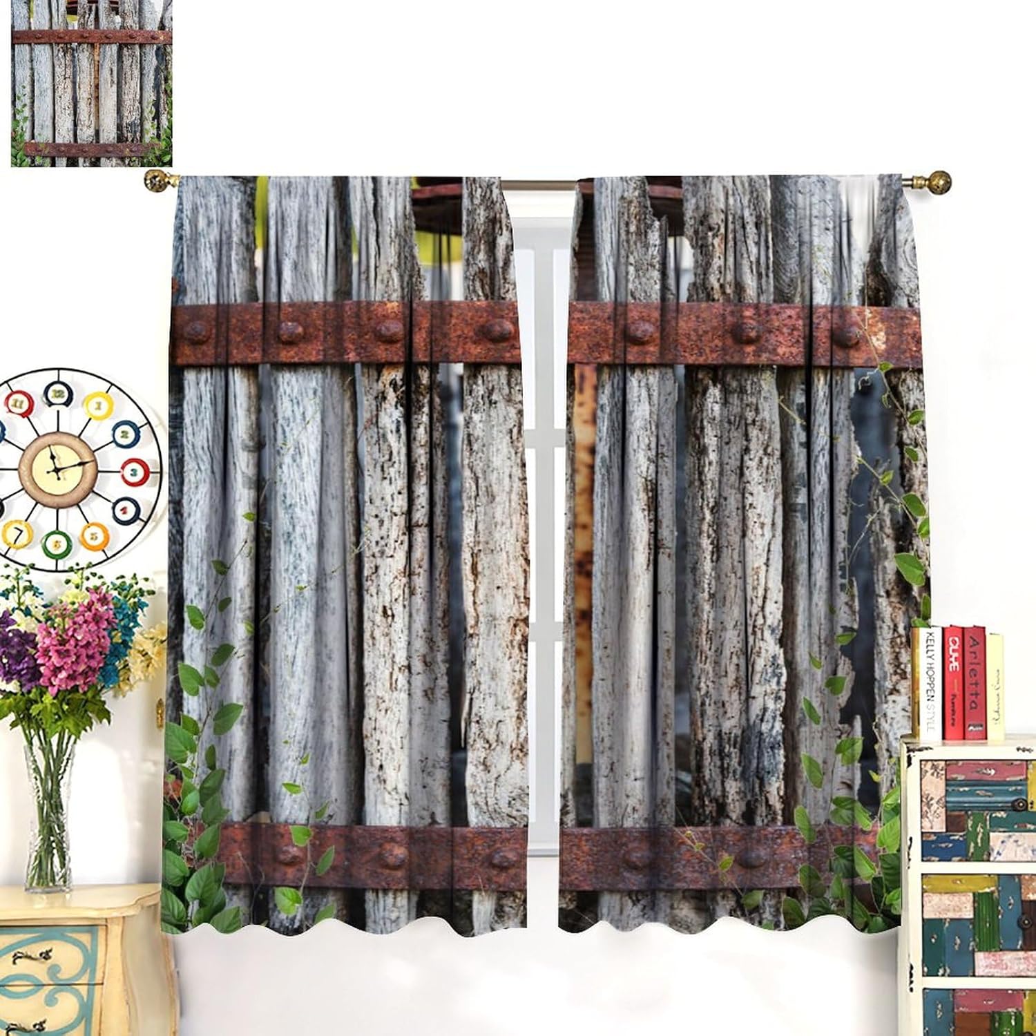 Rustic Wooden Barn Door Curtains Wood Plank Brown Barnwood Western Country Lodge FarmhouseWindow Drapes Rod Pocket Curtains Darkening Window Treatments 55x63in