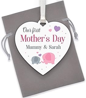 Our First Mothers Day Gifts - Personalised 1st First Mothers Day Gifts from Daughter Son - New Mummy Wooden Heart Plaque - Mummy and Daughter - Mummy and Son - Mummy Elephant - With Grey Bag