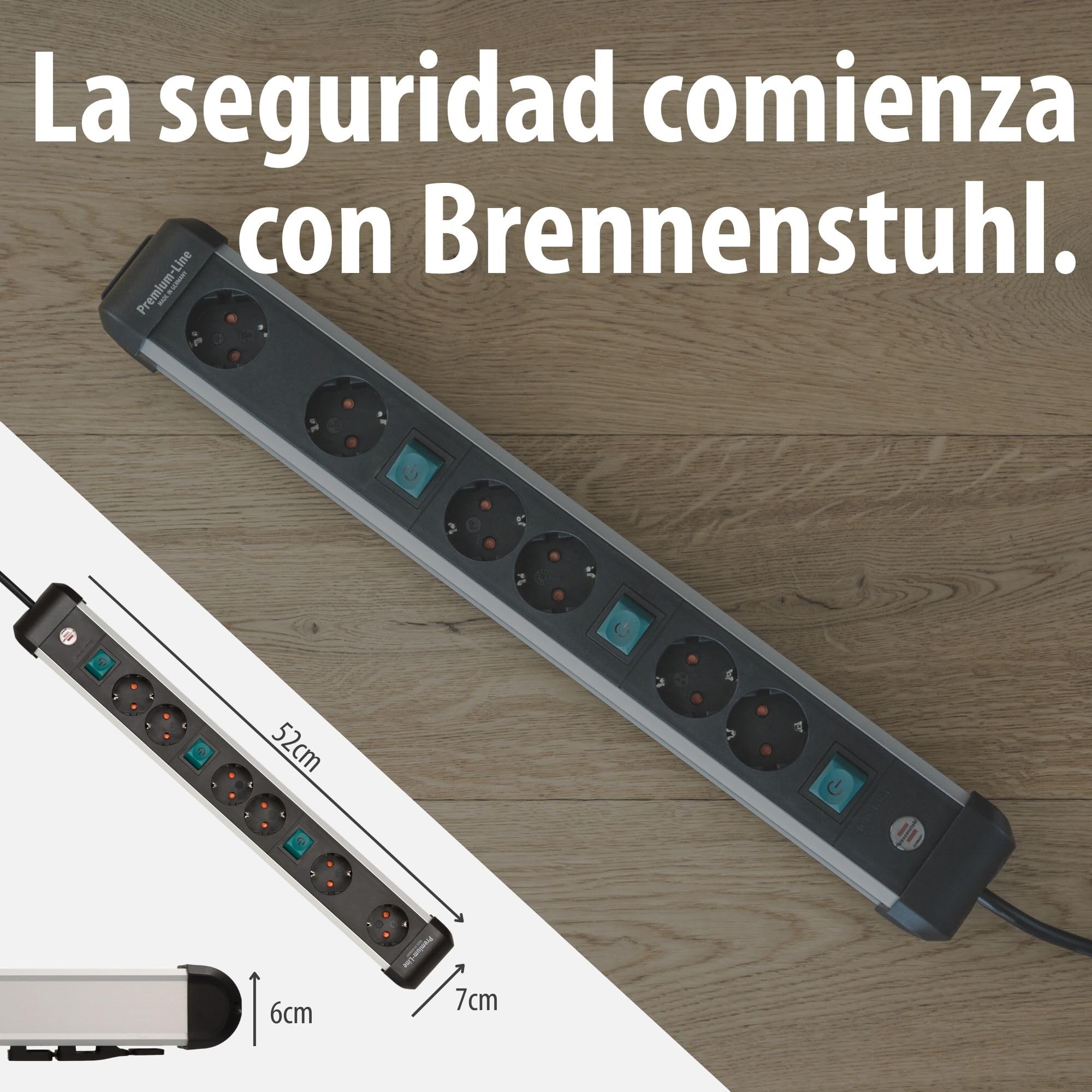 Brennenstuhl Premium-ALU-Line regleta enchufes con 6 Tomas/regleta de Aluminio con 3 interruptores Individuales (Cable de 3 m, 3X Interruptor Iluminado, Fabricado en Alemania)