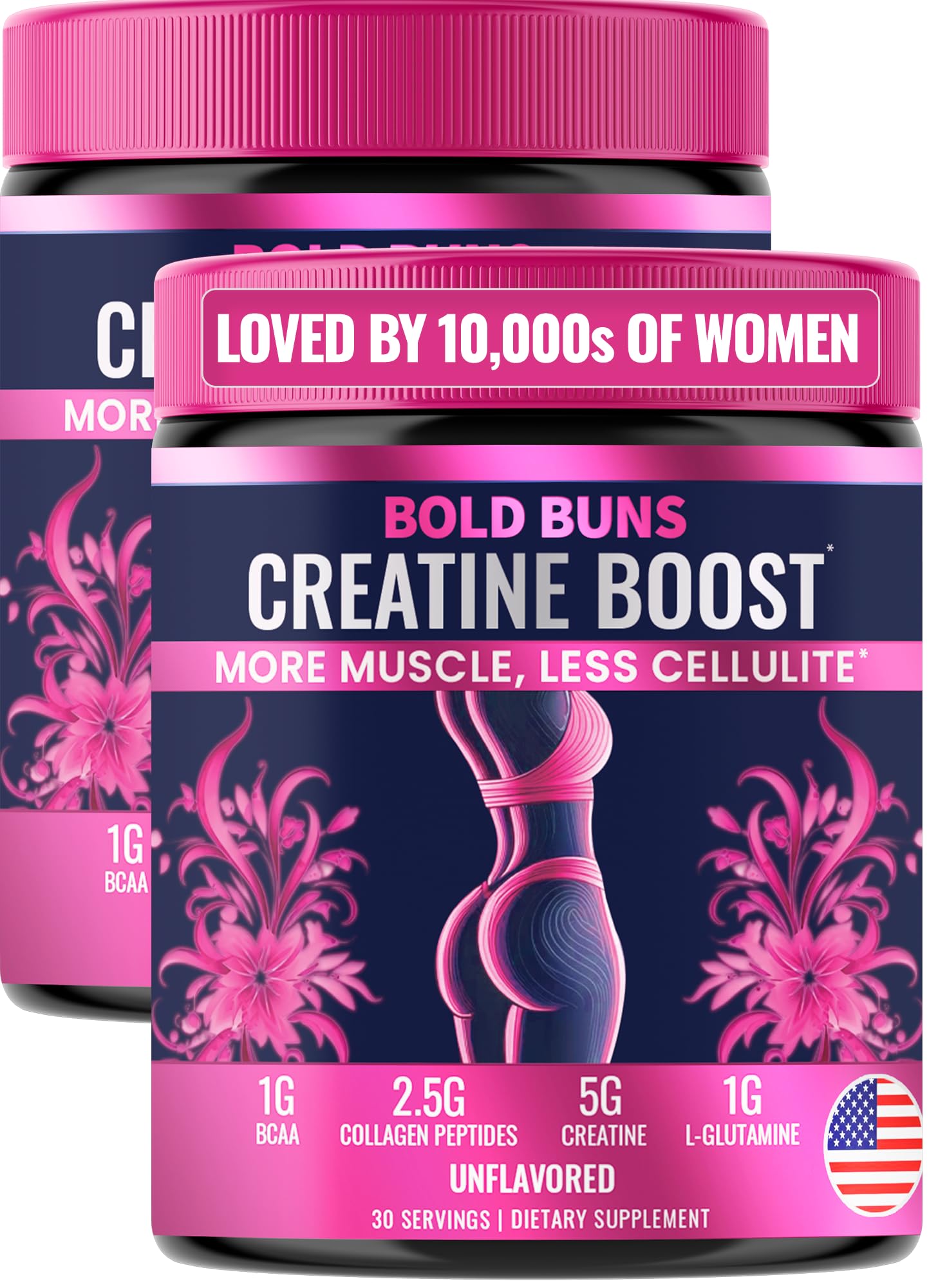Bold Buns Creatine for Women – Supplement with Collagen & BCAA – Supports Muscle Development, Post-Workout Recovery, Skin Elasticity, Healthy Hair & Nail (2 Pack x 30 Servings, Unflavored)