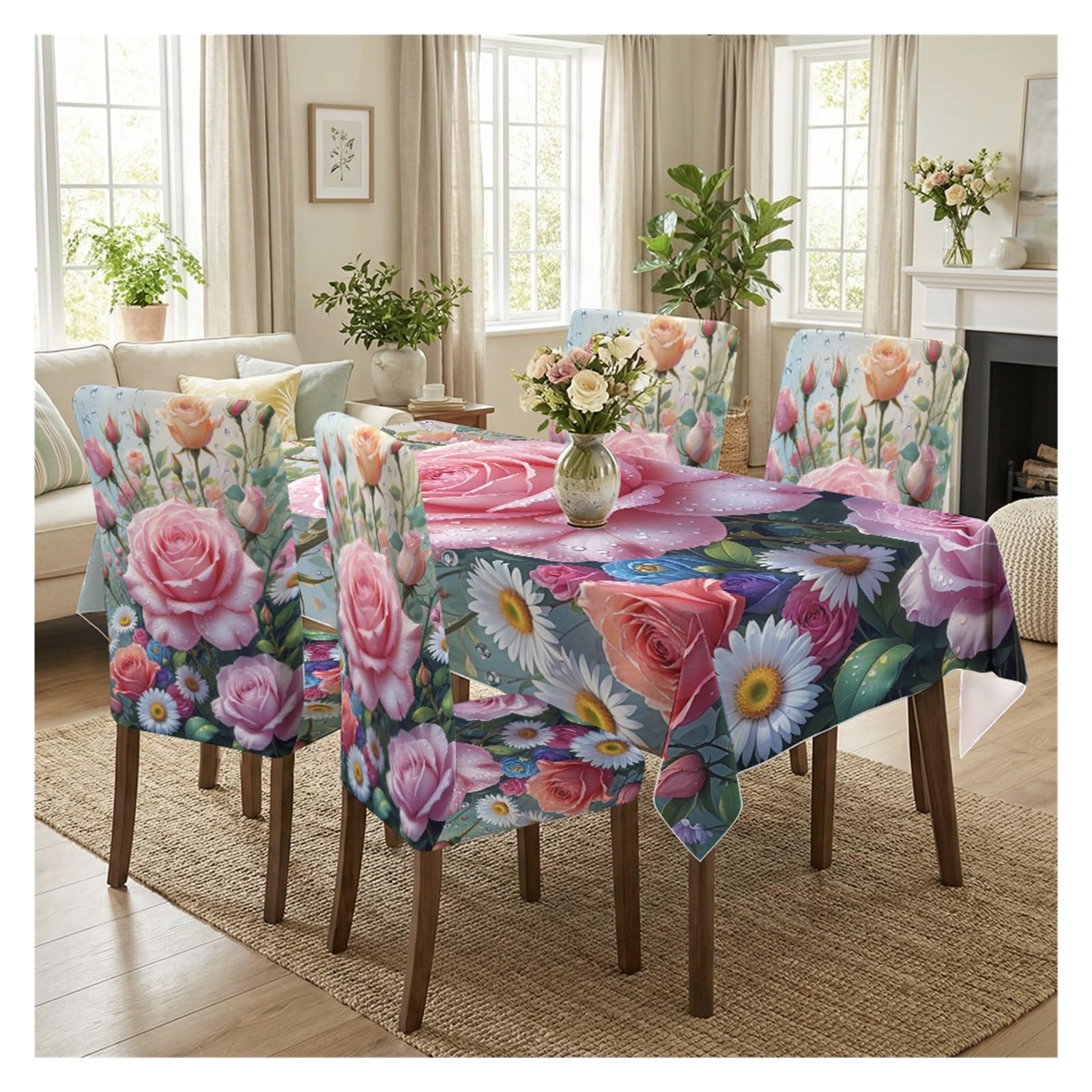 KXUAUV Waterdrop Pink Rose Floral Stretch Dining Chair Slipcover & Tablecloth Set, Romantic Fresh Dining Kitchen Home Decor, 5/7 Pack Party Decor(5pcs Set: Tablecloth+Chair Covers)