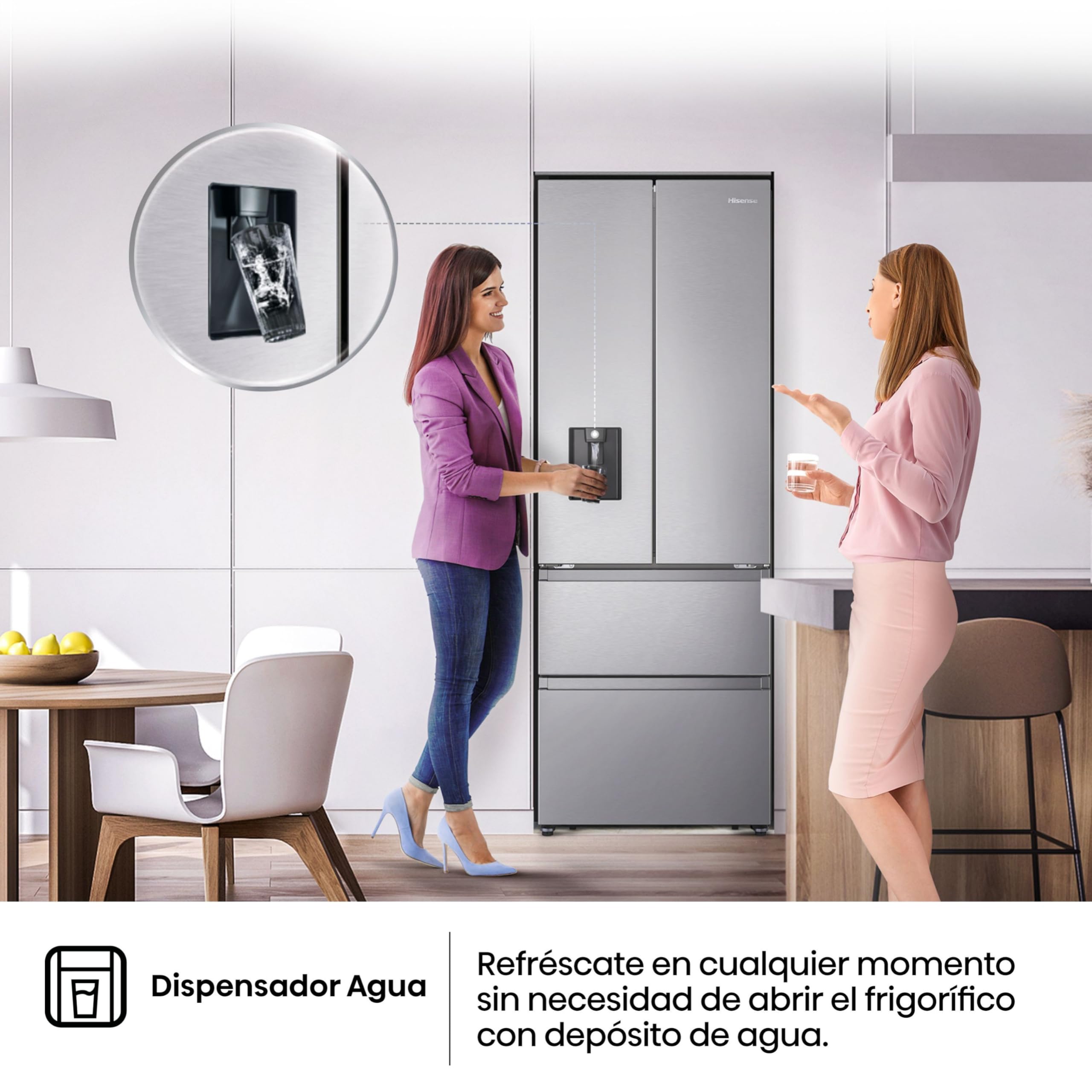 Hisense RF632N4WIE - Frigorífico Combi No Frost Inox Puerta Francesa, Con dispensador, No Frost, 2 Metros,Cajón, 337Litros, Sistema de flujo de aire, Acabado Inox, 485 litros