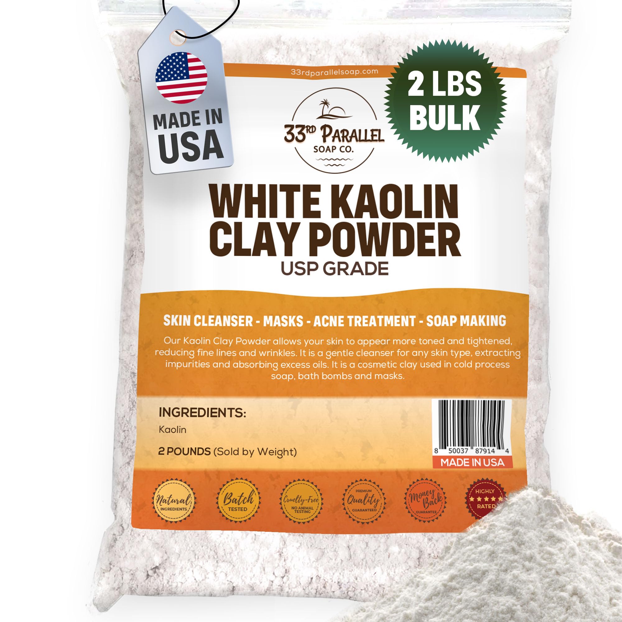 White Kaolin Clay Powder USP GRADE (2 LBS / 32 oz) 100% Natural USP Grade | Facials, Face Mask, Soap Making, Creams, Lotions, Bath Bombs | aka White Clay & China Clay Powder | 2 Pound