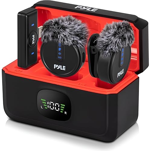Pyle Wireless Lavalier Microphone System | Noise-Canceling Clip-On Mic with Magnetic Mount, 8H Battery, Charging Case, Windscreens | USB-C Plug & Play for Vlogging, Interviews, Streaming & Podcasts