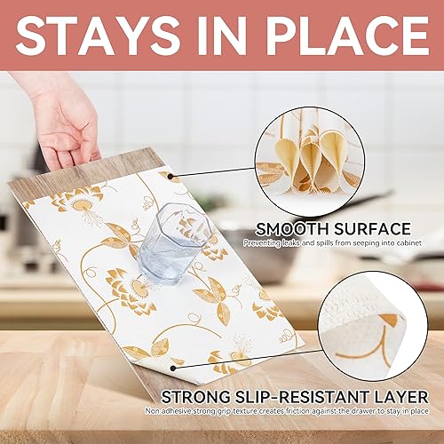 Miniatura 3 de Revestimiento para estantes, 12 pulgadas x 10 pies, no adhesivo, hojas doradas, revestimiento floral para armario de despensa, agarre fuerte,