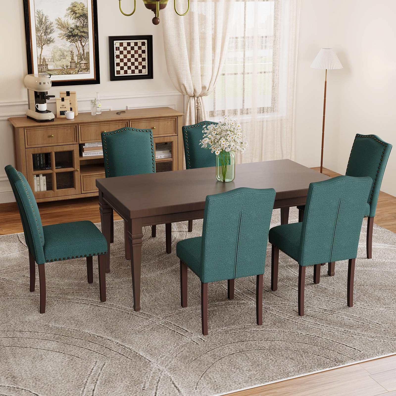 MALOL Dining Chairs Set of 6, Upholstered Soft Comfortable Parsons Chairs with High-Density Cushion, Solid Wood Legs & Nailhead Details for Dining