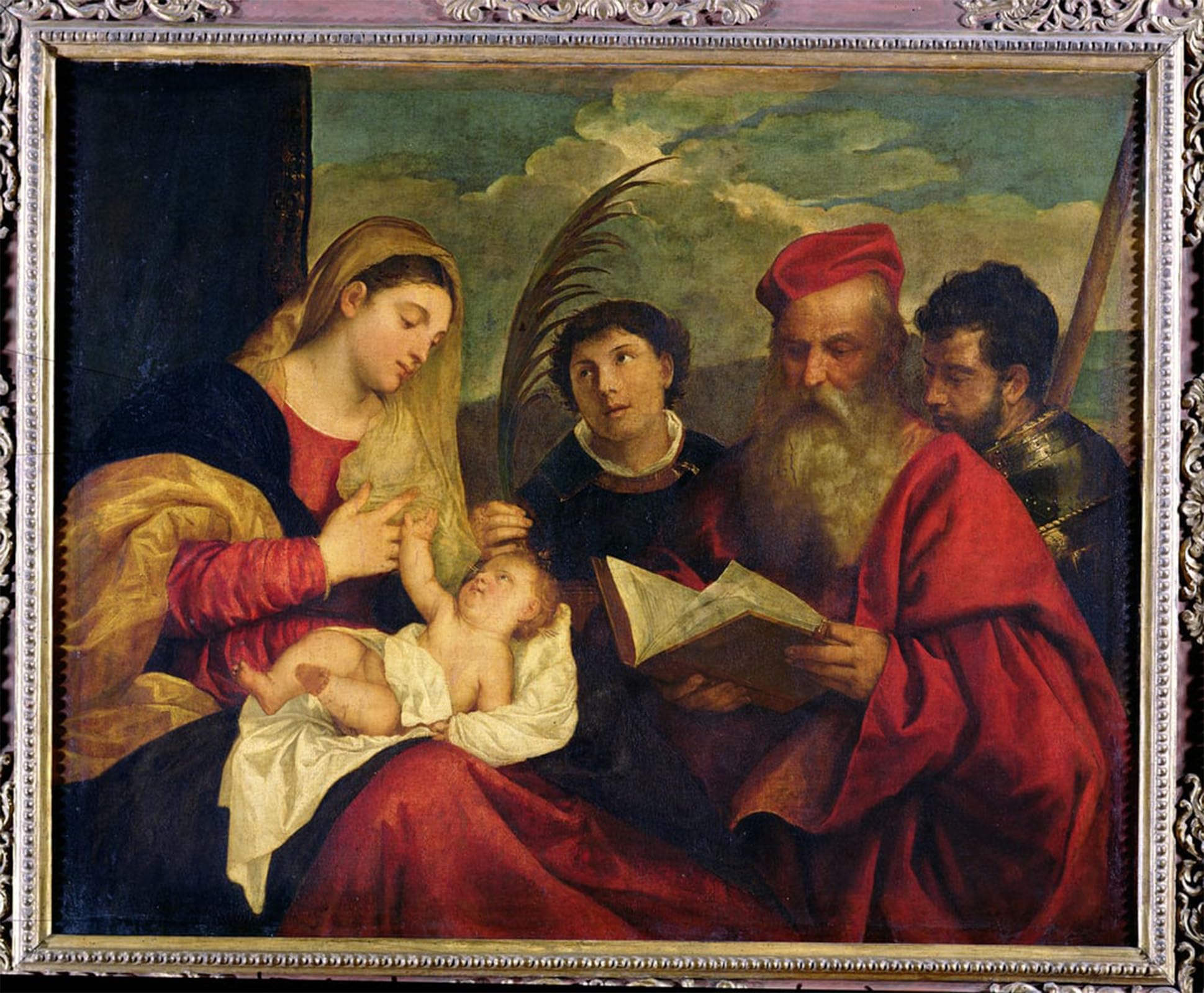 POSTERIIk Vintage Classic Picture Landscape Artwork Lady and Child with Ss Stephen Maurice by Tiziano Vecelli Portrait Canvas Painting for Office Home Decor 60x90cm
