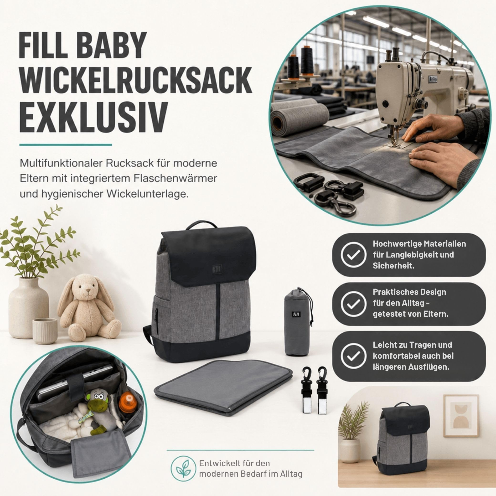 FILL Baby Wickelrucksack Exklusiv | Grosse Wickeltasche Mama Rucksack mit Flaschenwärmer und Wickelunterlage | Babyreisetasche Reisetasche für Unterwegs | Multifunktionale Babytasche