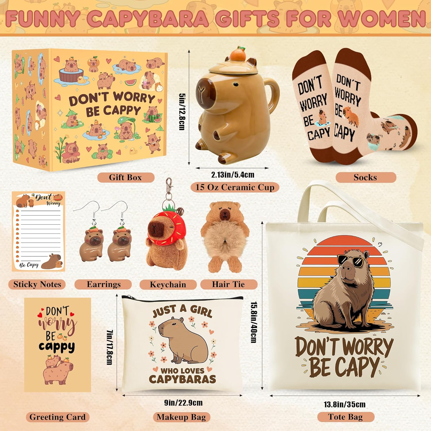 10 Pieces Capybara Gifts for Women, Cute Stuff with 15 Oz Ceramic Cup Tote Bag Makeup Bag Socks Hairband Sticky Notes Earrings Greeting Card for Capybara Lover Birthday Christmas Gift