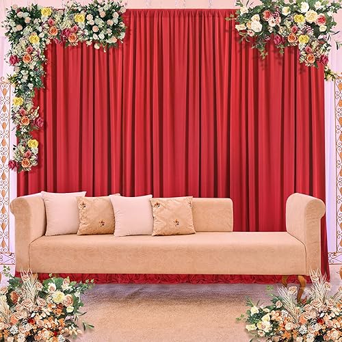 Miniatura 8 de Cortina de telón de fondo rojo sin arrugas de 30 x 10 pies para fiestas, 6 paneles de 5 x 10 pies de poliéster sedoso rojo para fotos, telón de