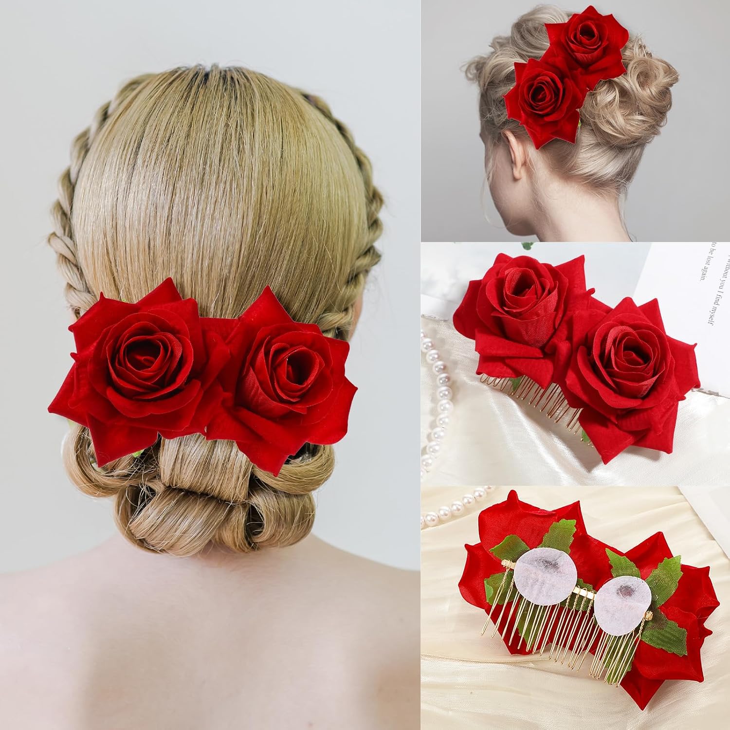 Rose Hair Clip 3D Red Flower Roses Combs Headwear Accessories Floral Brooches Headpieces Supplies Bohemia Costume Hair Hairpin Decor for Girls Women Halloween Party Bride Dancer Wedding image 5
