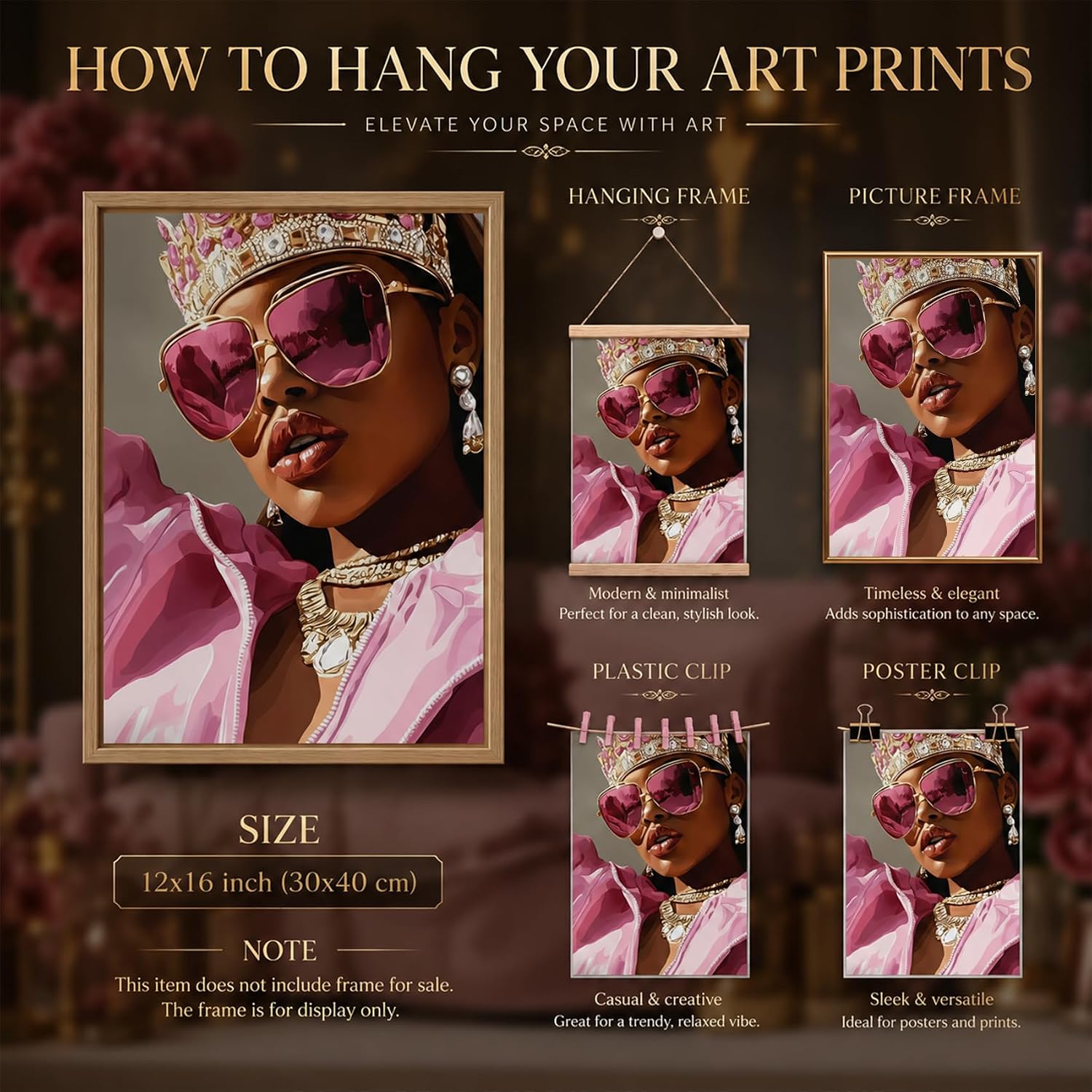 AUFDASORT Black Queen Pink Wall Art, 3 Piece Unframed Fashion Prints, 12x16 image 2
