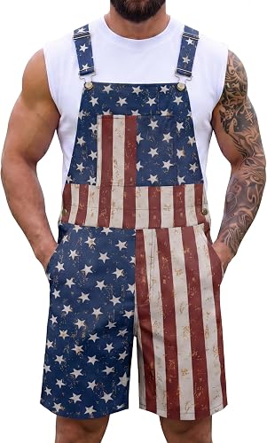 BamPjs Men American Flag Overalls 4th of July Coveralls Adjustable Straps Button
