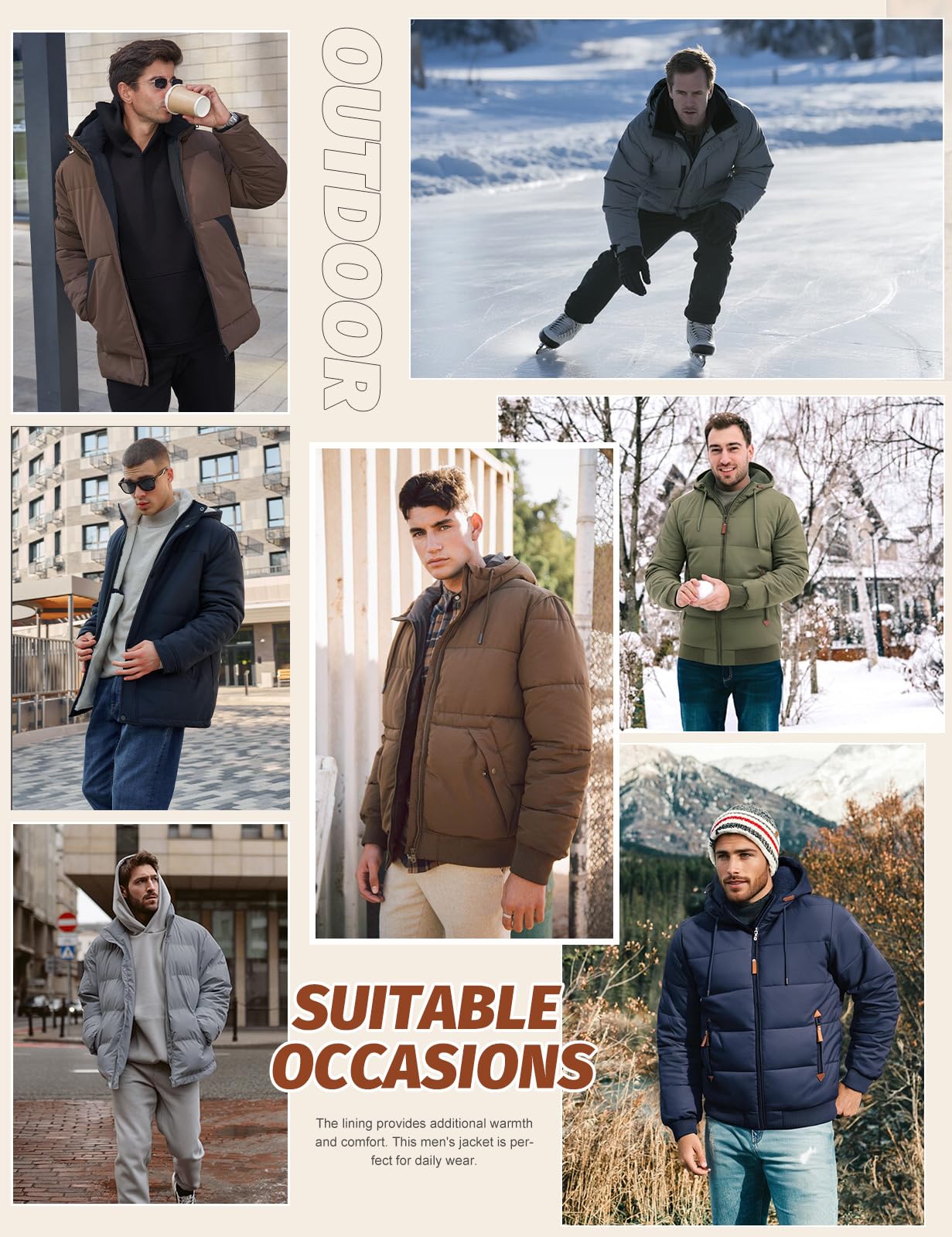 Voqeen Herren Winterjacke mit Fleece Gefüttert Warme Steppjacke mit kapuze Dicke Thermojacke Wintermantel für Männer