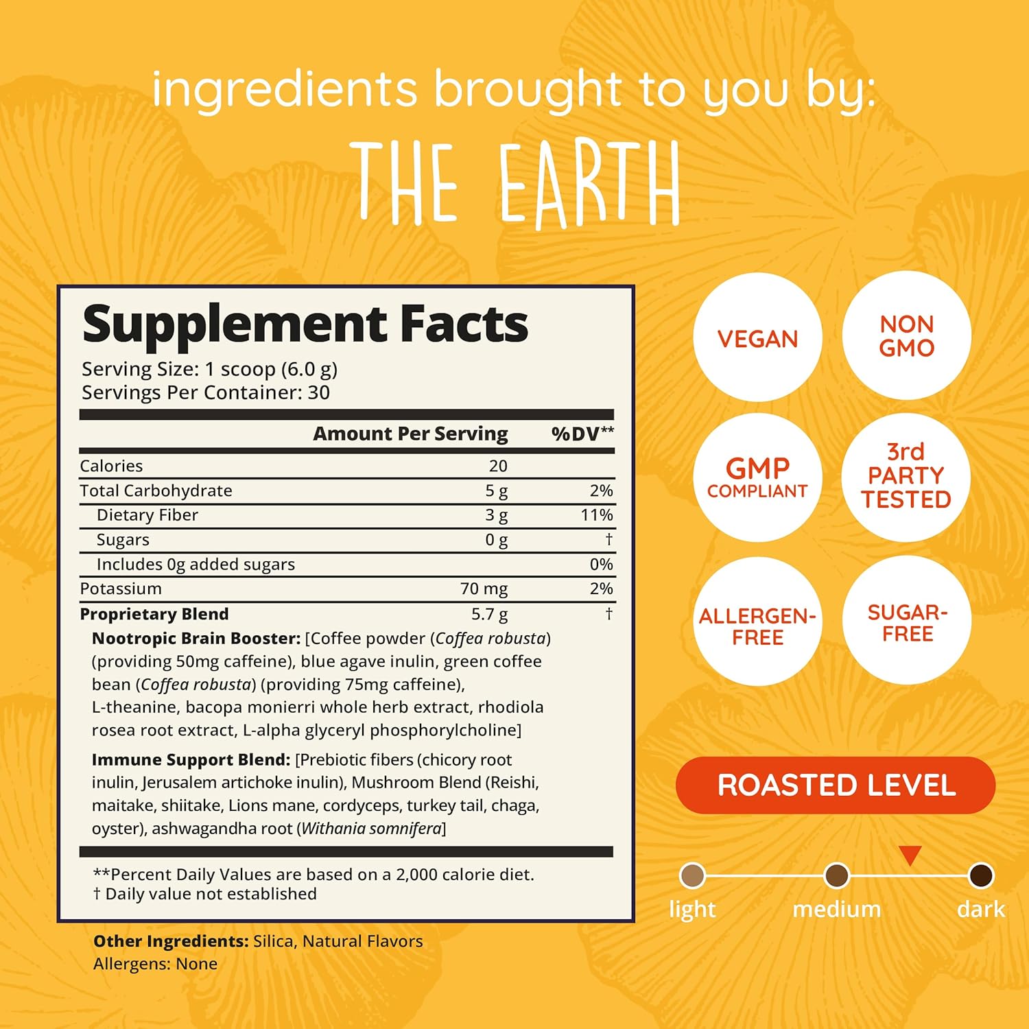 Nootropic Mushroom Coffee Instant with 8 Mushrooms + Nootropic Adaptogen Stack | Lion’s Mane, Rhodiola, L-Theanine | Energy & Focus Instant Mushroom Coffee | Medium Roast, 30 Servings
