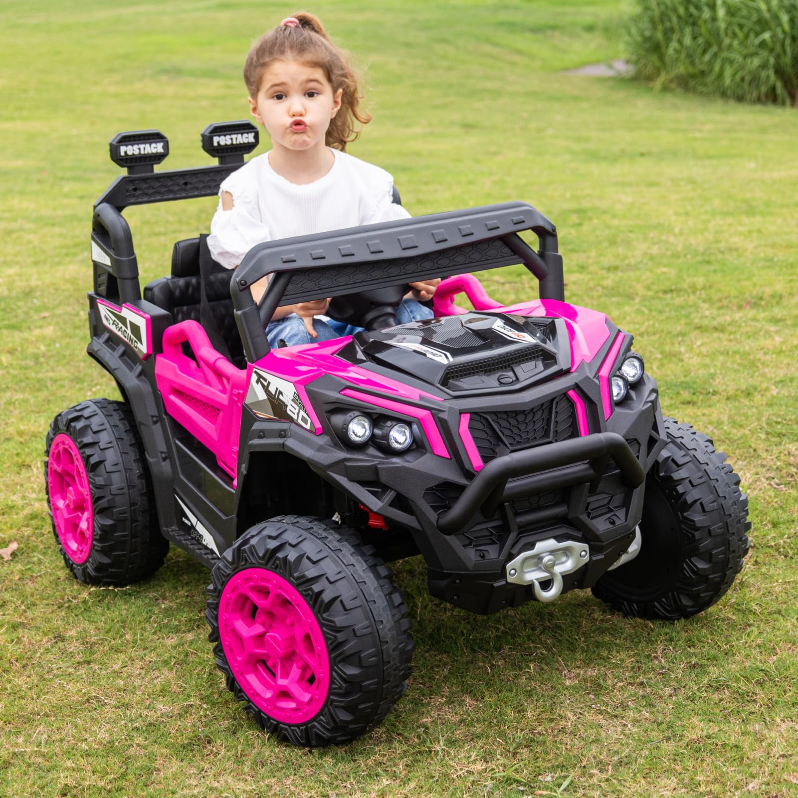 POSTACK 12V Kids Ride On Truck With Remote Control - Pink Electric UTV For Toddlers, 1 Seater With Music & Lights