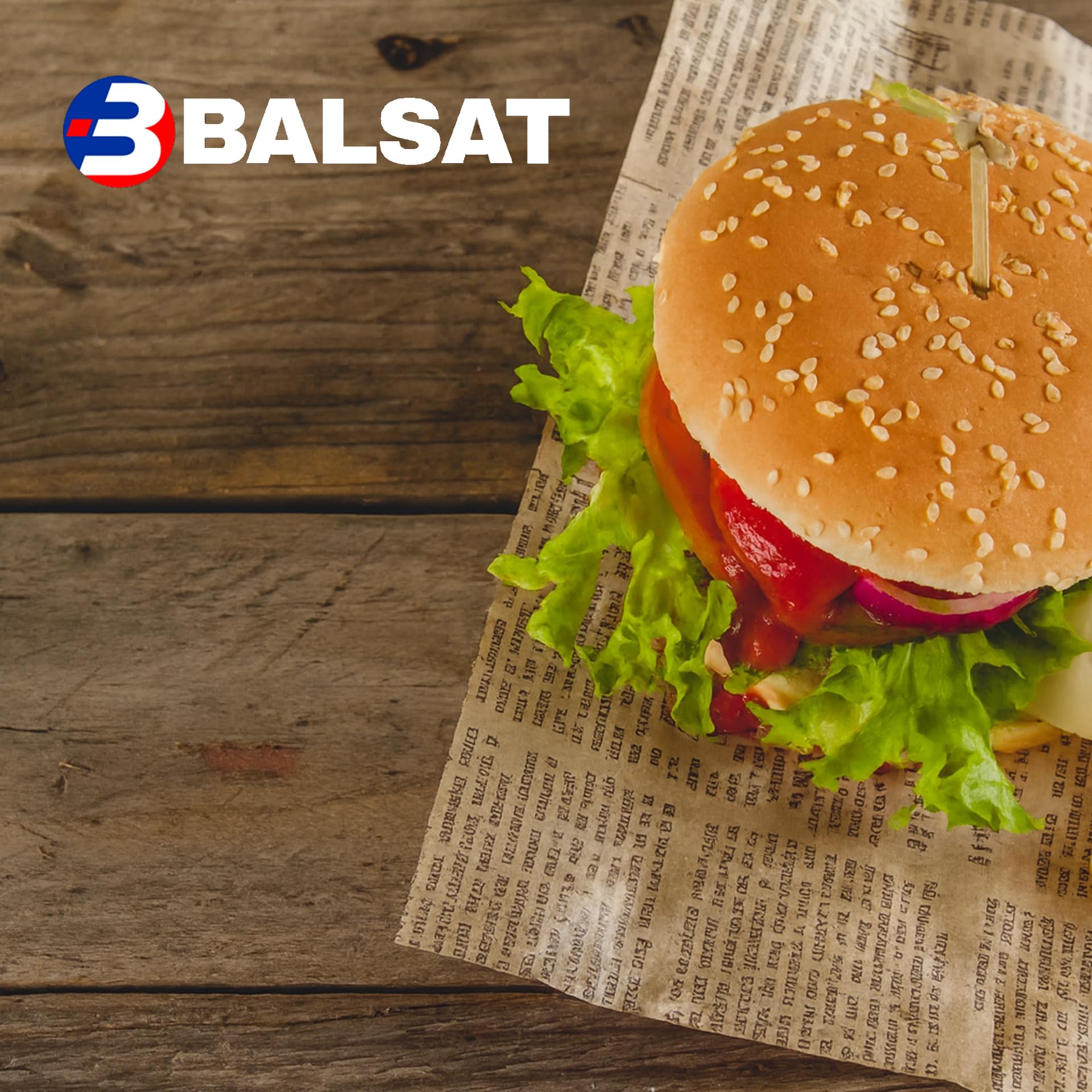 BALSAT Papel Antigrasa para Alimentos 28x31cm | Estampado de Periódico | Ideal Para Hamburguesa o Papel para Queso y Fritos | Caja de 1000 Hojas Alimentarias Multiusos y Ultra Resistentes