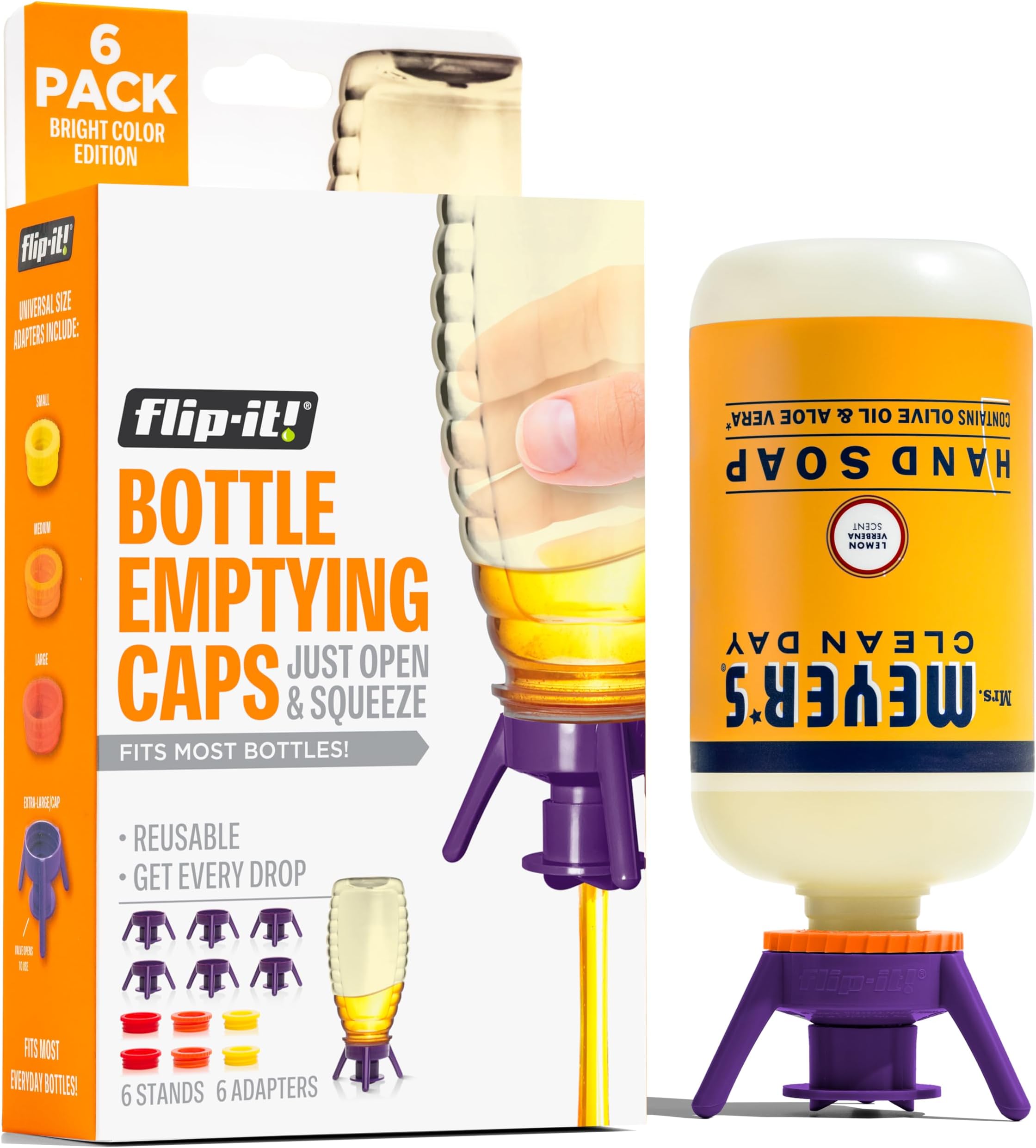 Bottle Emptying Kit – 6 Bottle Pack - No more wasted product - Fits most plastic bottles – 6 Base Caps, 6 Adapters – Bright Color Edition