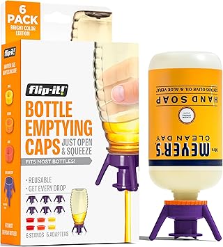 Flip-It! Bottle Emptying Kit – 6 Bottle Pack - No more wasted product - Fits most plastic bottles – 6 Base Caps, 6 Adapters –