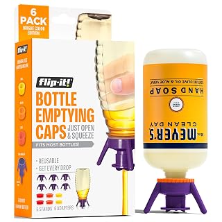 Flip-It! Bottle Emptying Kit – 6 Bottle Pack - No more wasted product - Fits most plastic bottles – 6 Base Caps, 6 Adapters – Bright Color Edition - Amazon product rated Grade A