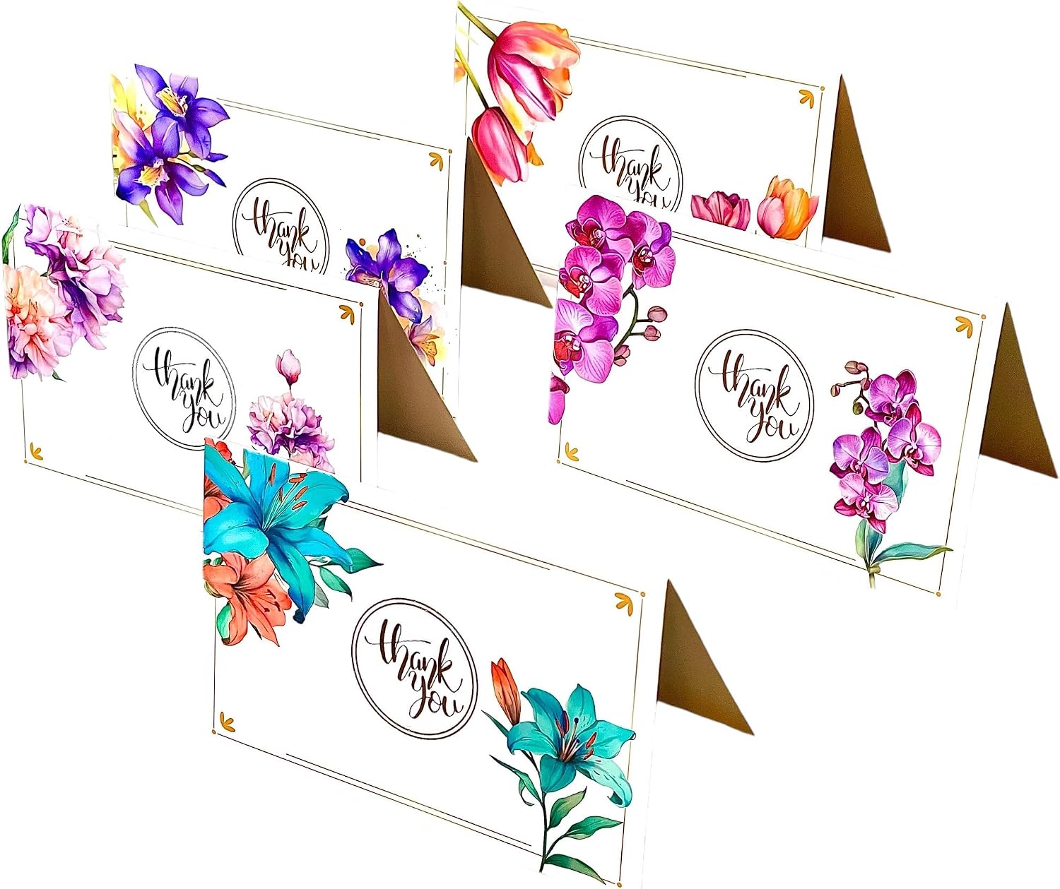 Thank You Cards set - 50 pack Exotic Floral Designs with Envelopes - Gold foil stickers - Featuring Orchids, Tulips, Lilies & Peonies - Elegant Greeting Cards for Weddings, Business & Personal Use - Grateful Cards