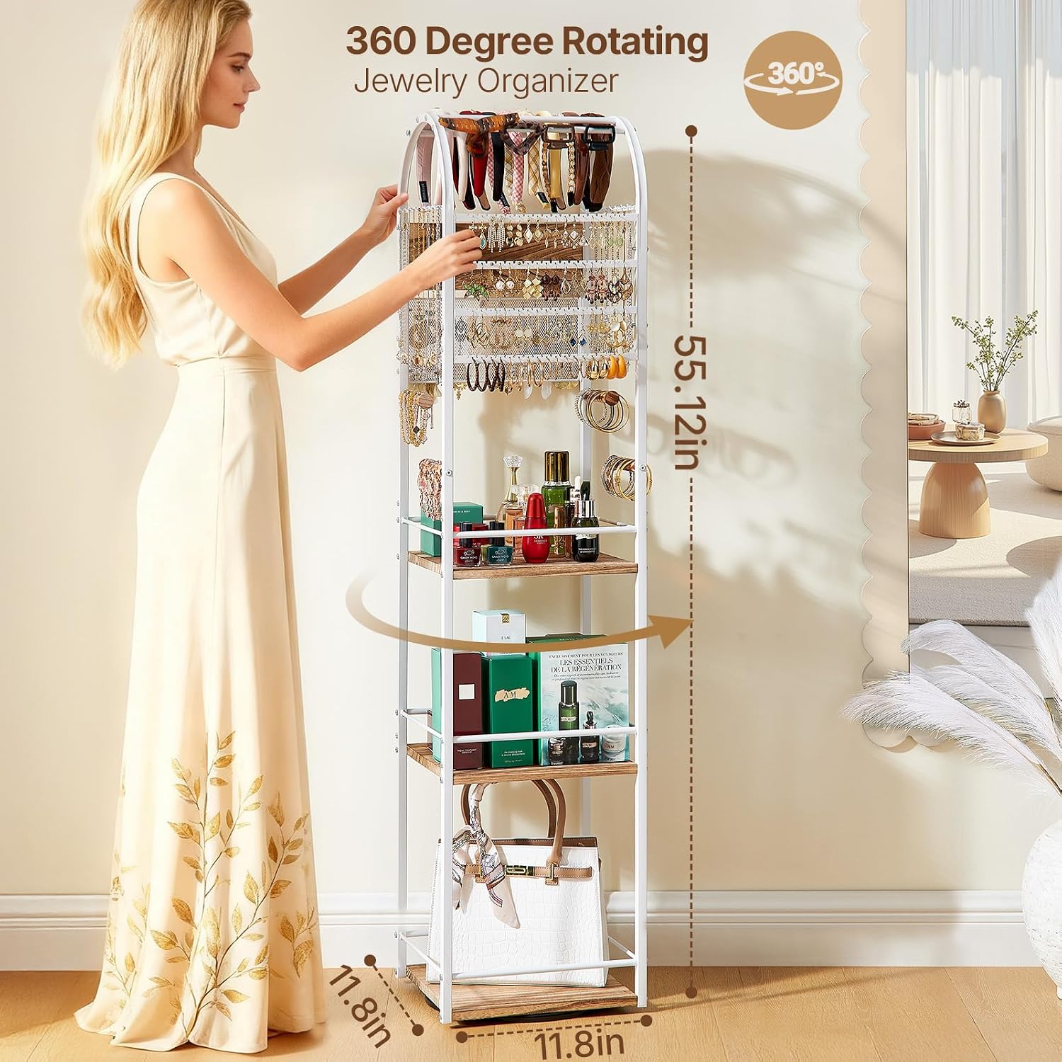 DGWJSU Jewelry Organizer Stand, 360° Rotating Floor Jewelry Holder with Earring Organizer Necklace Holder, 3 Floors Large Jewelry Stand Bracelet Ring Organizer, Women Jewelry Tree Organizer