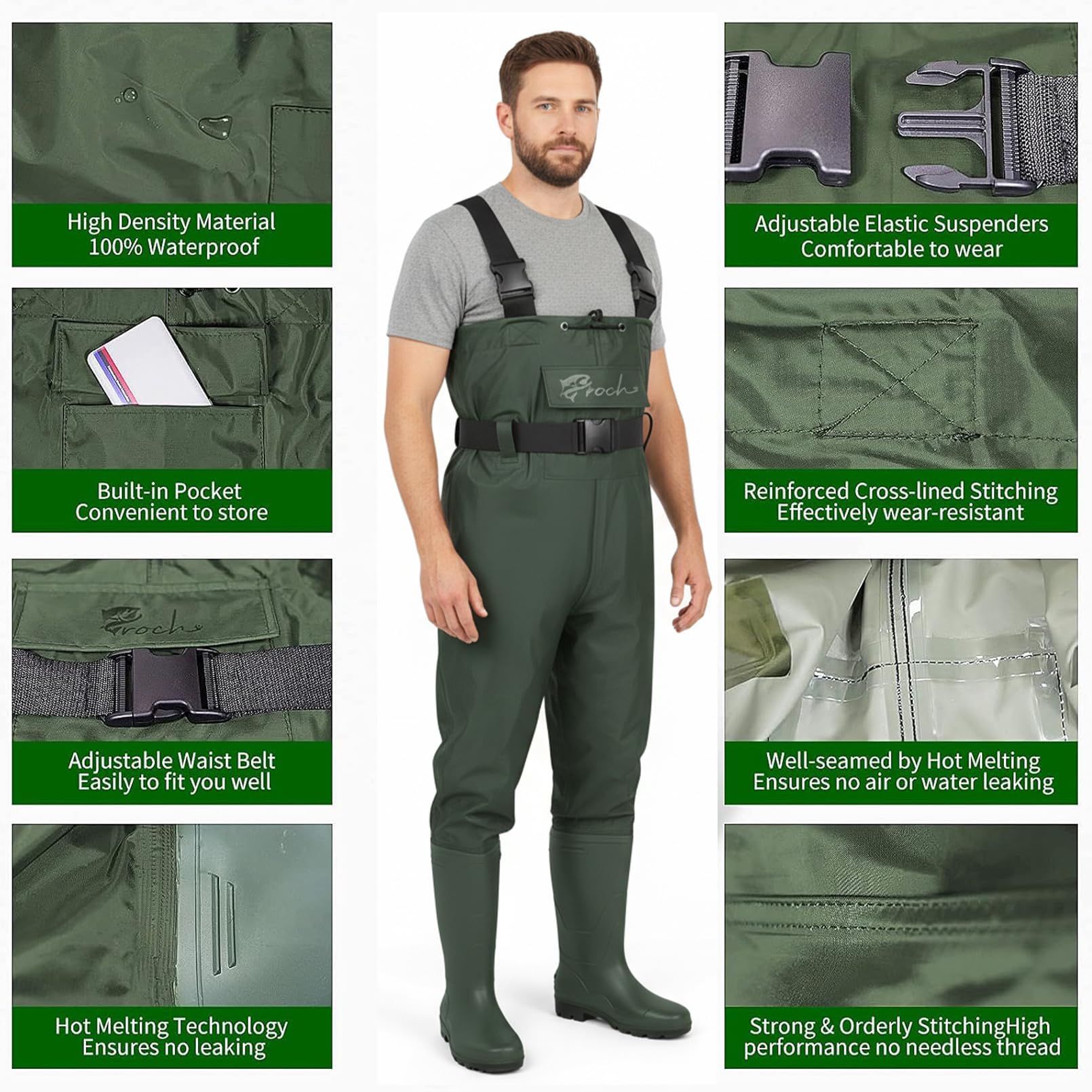 Croch Waders pour homme et femme - Imperméable - Avec bottes - En nylon PVC - Avec bottes en caoutchouc - Taille 38-47 - Antidérapant et robuste - Idéal pour la pêche, la chasse et l'extérieur