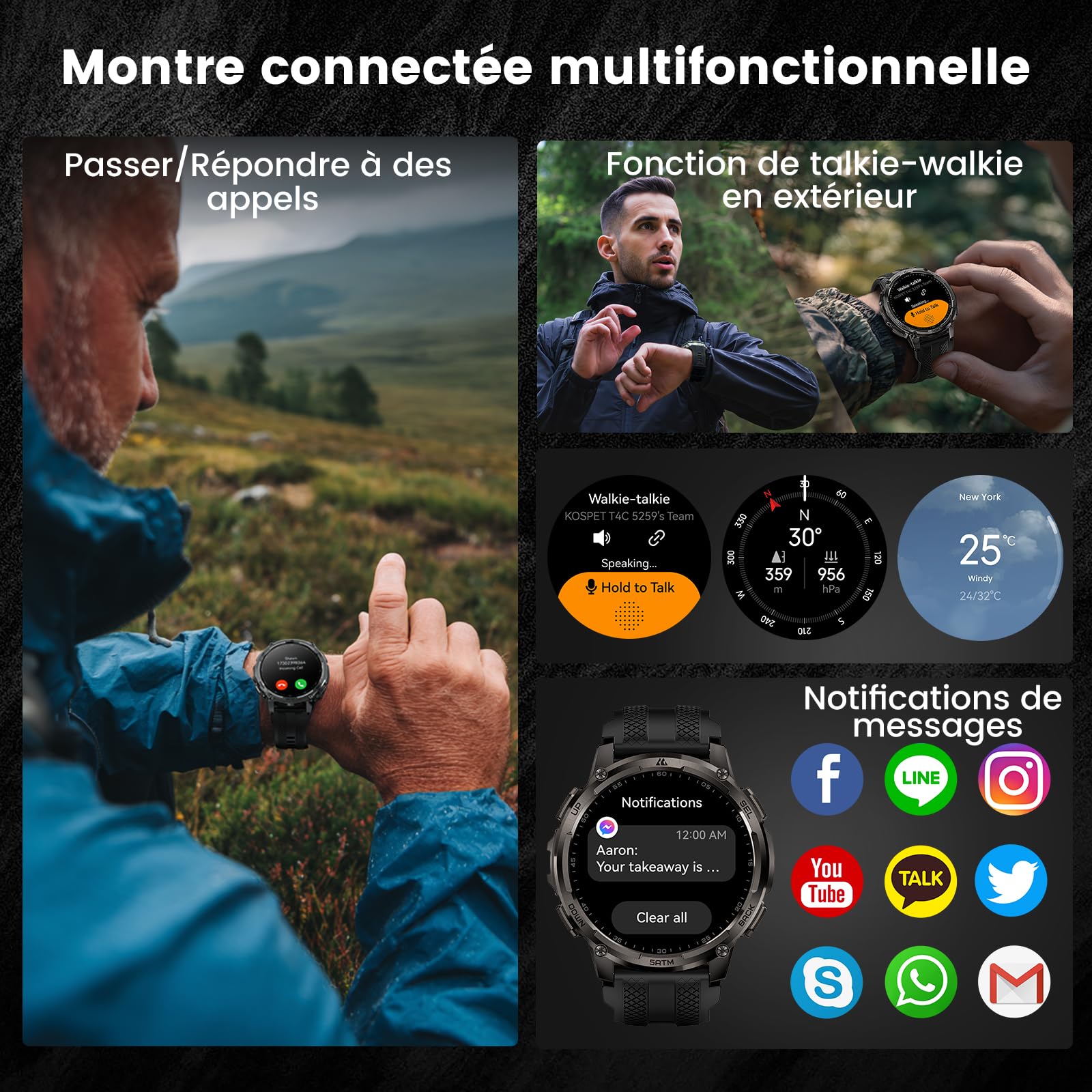 KOSPET Tank T4C GPS Montre Connectée Homme, Lampe Torche LED, Talkie-Walkie | Étanche 5 ATM et IP69K, 1,5'' AMOLED, Autonomie 15 jours, Suivi de Santé & Sommeil, 170+ Mode Sport, Compatible Android & iOS