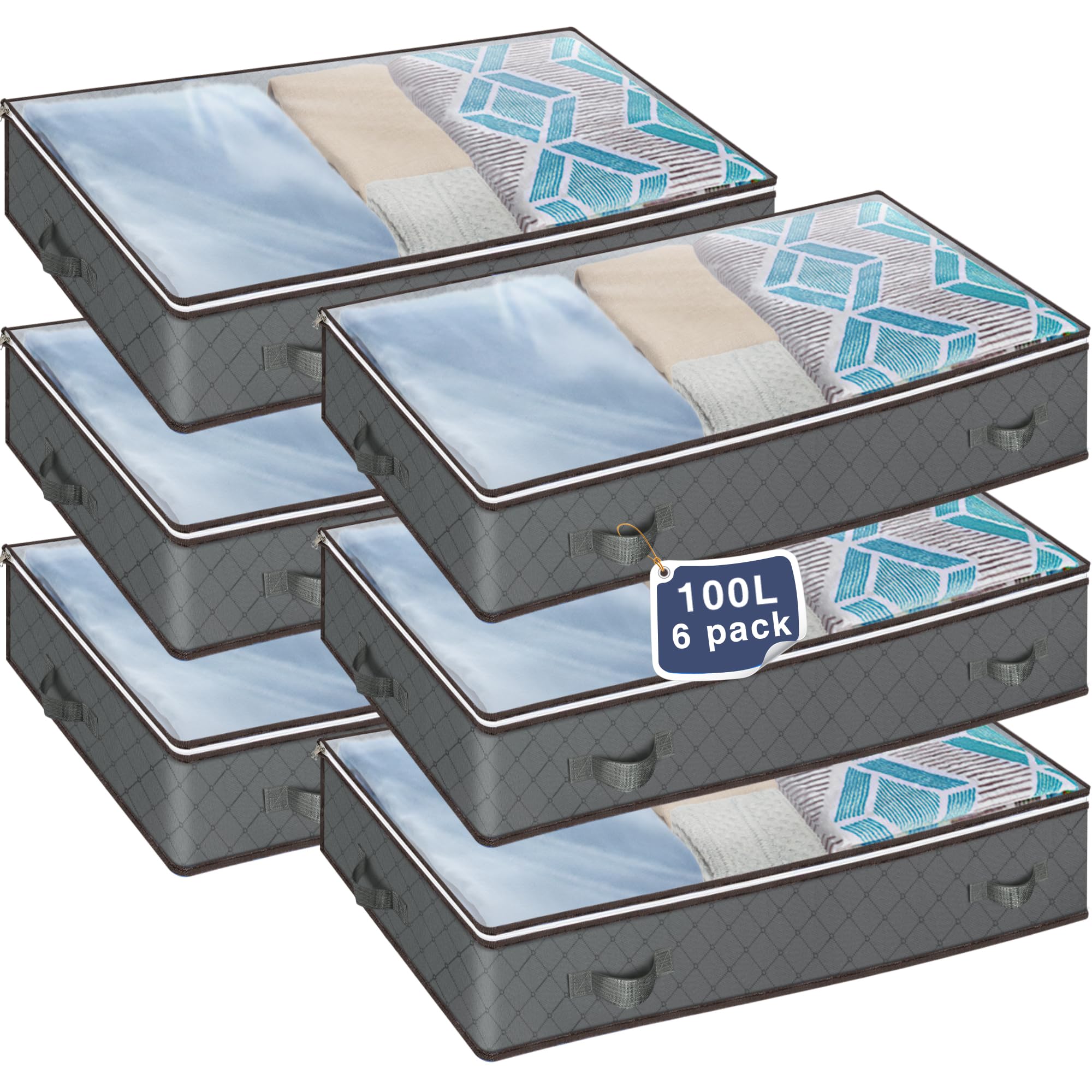 MIXC 6 Packs Underbed Storages, 100L Large Under Bed Storage Box with Lid, Storage Boxes with Lids, Storage Bags with Zip for Clothes, Comforters, Blankets, and Bedding