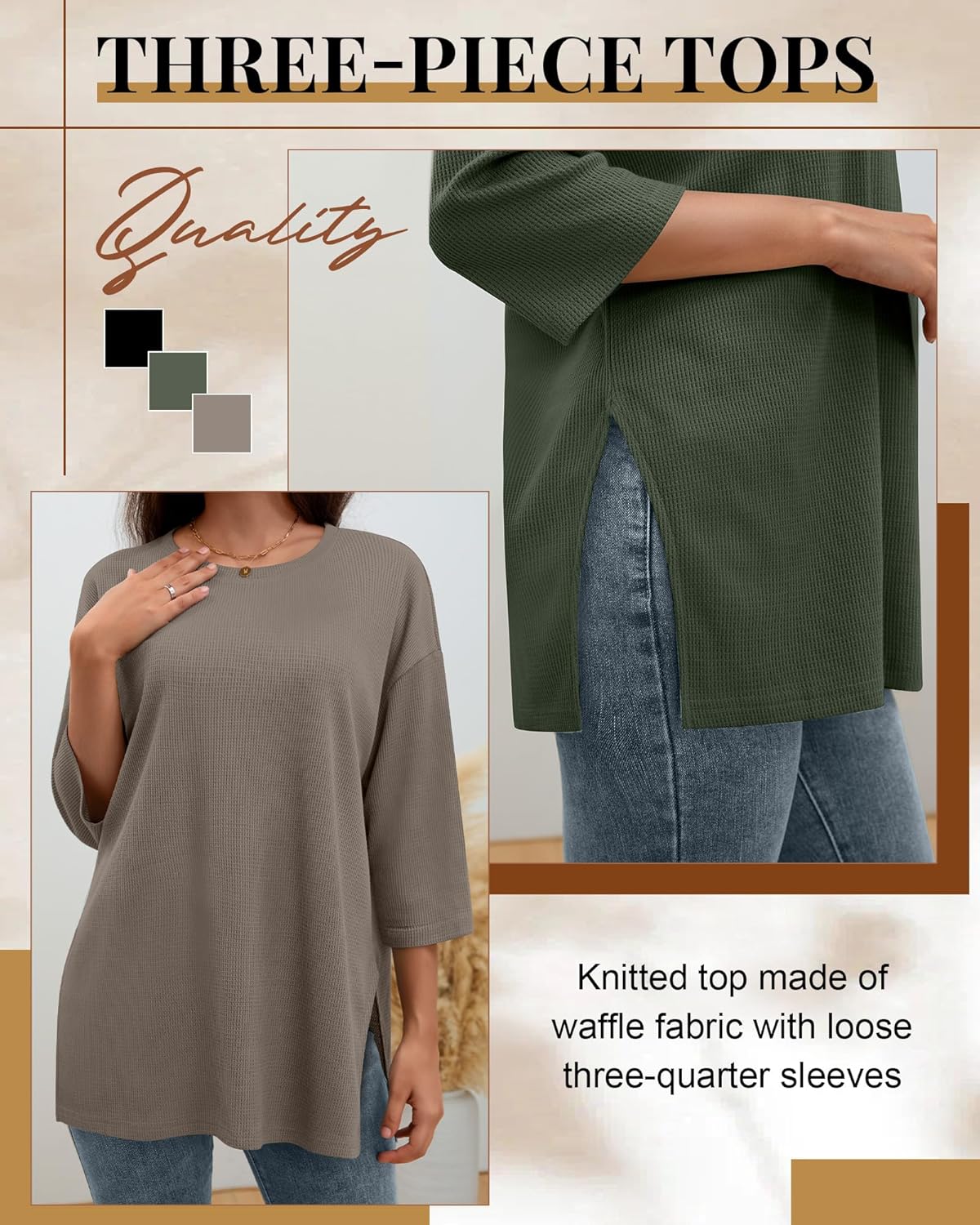 3 Pack Women's 3/4 Sleeve Waffle Knit Tops Oversized Crewneck T-Shirts Loose Casual Blouses Side Split Tees - Image 6
