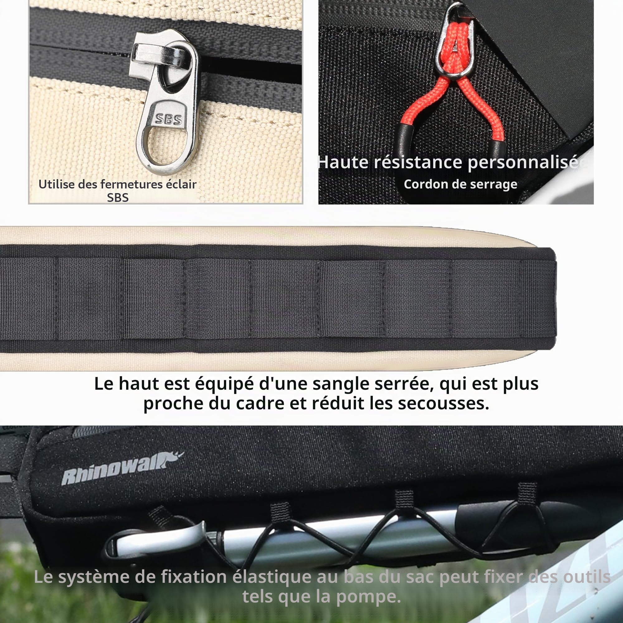 Rhinowalk Sac de Cadre de vélo, Sac Triangulaire imperméable pour vélo, Sac de Rangement sous Le Tube supérieur, Pochette d'angle, Accessoires de vélo, Accessoires de vélo de Route, 2,7 L, Beige